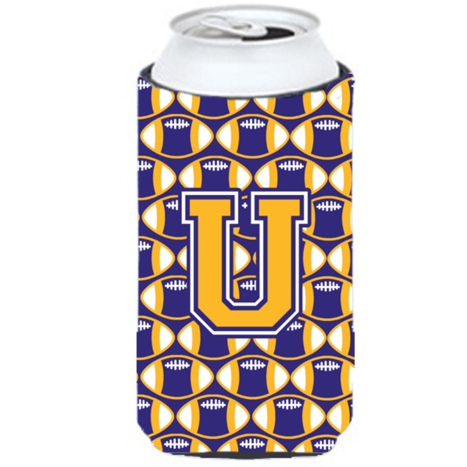 Letter U Football Purple and Gold Tall Boy Beverage Insulator Hugger CJ1064-UTBC