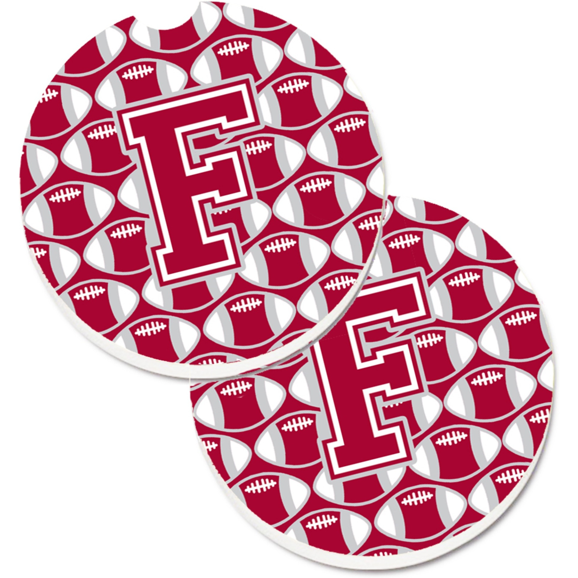 &quotCaroline's Treasures Letter F Football Crimson, Grey & White Set of 2 Cup Holder Car Coasters CJ1065-FCARC, 2.56, Multicolor"