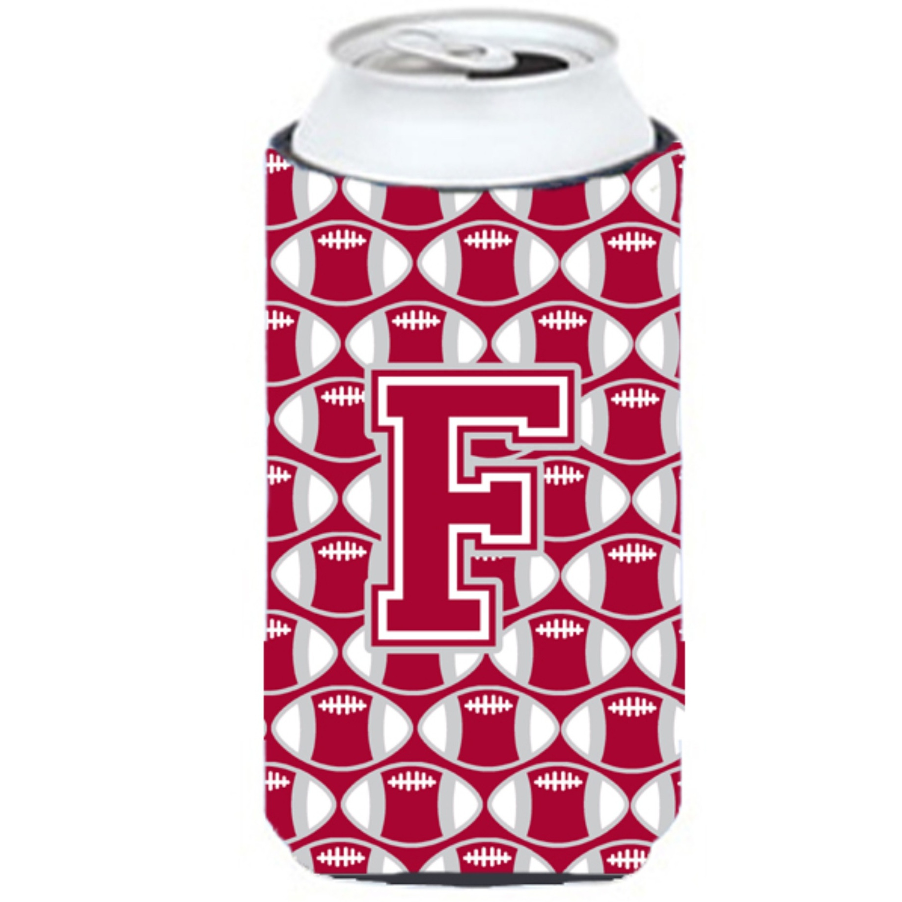 &quotLetter F Football Crimson, grey and white Tall Boy Beverage Insulator Hugger CJ1065-FTBC"