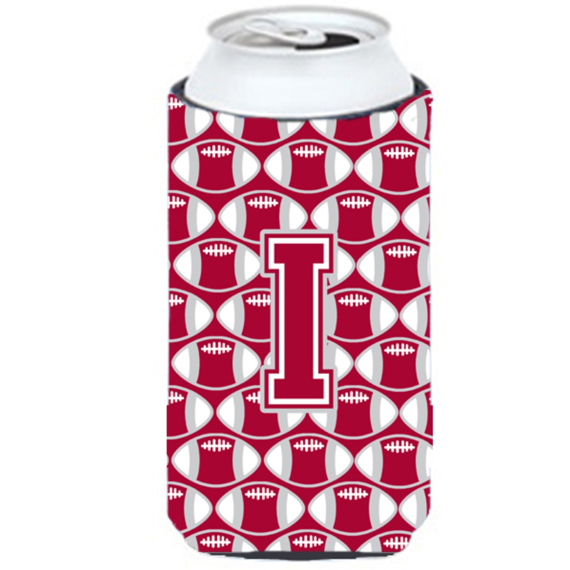 &quotLetter I Football Crimson, grey and white Tall Boy Beverage Insulator Hugger CJ1065-ITBC"