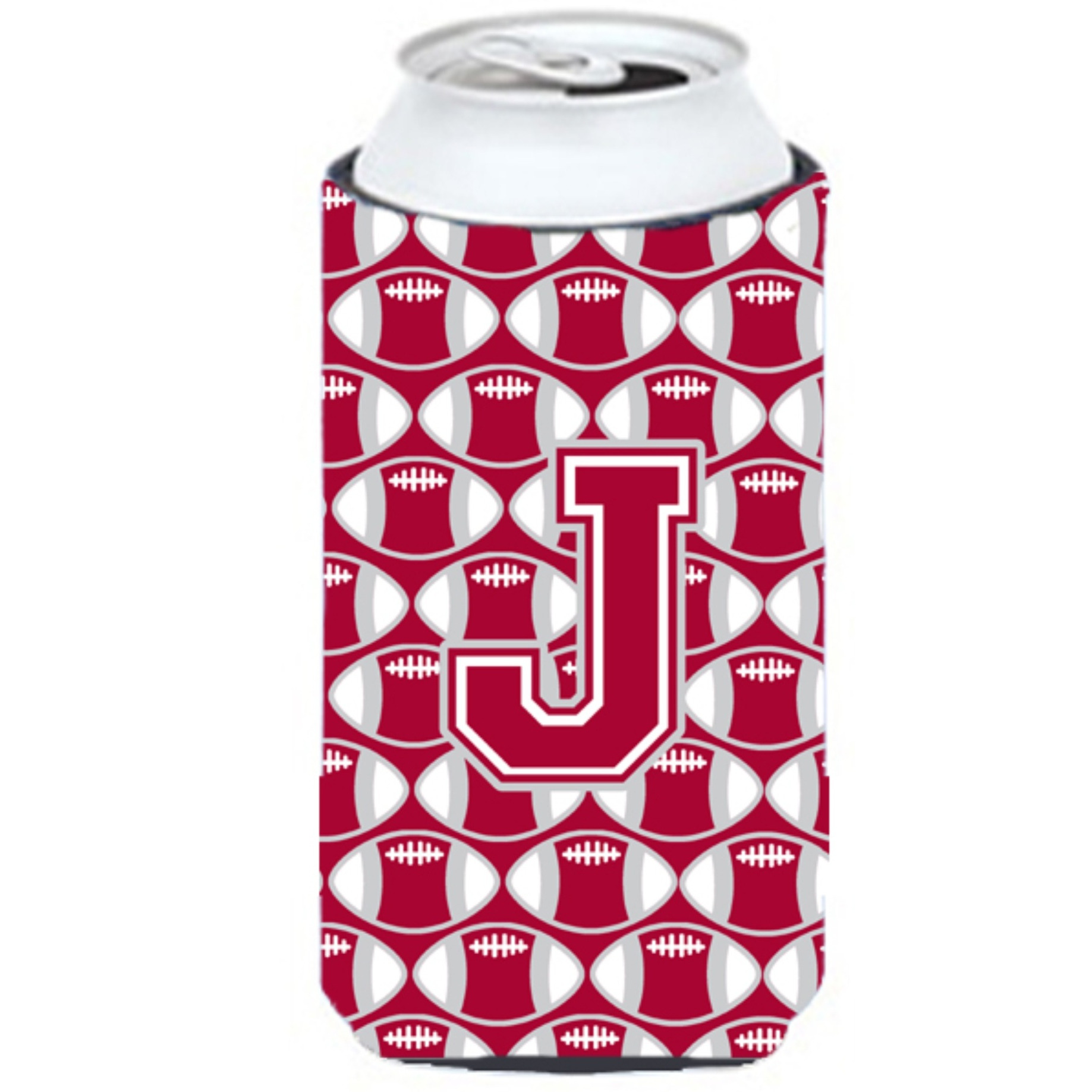 &quotLetter J Football Crimson, grey and white Tall Boy Beverage Insulator Hugger CJ1065-JTBC"