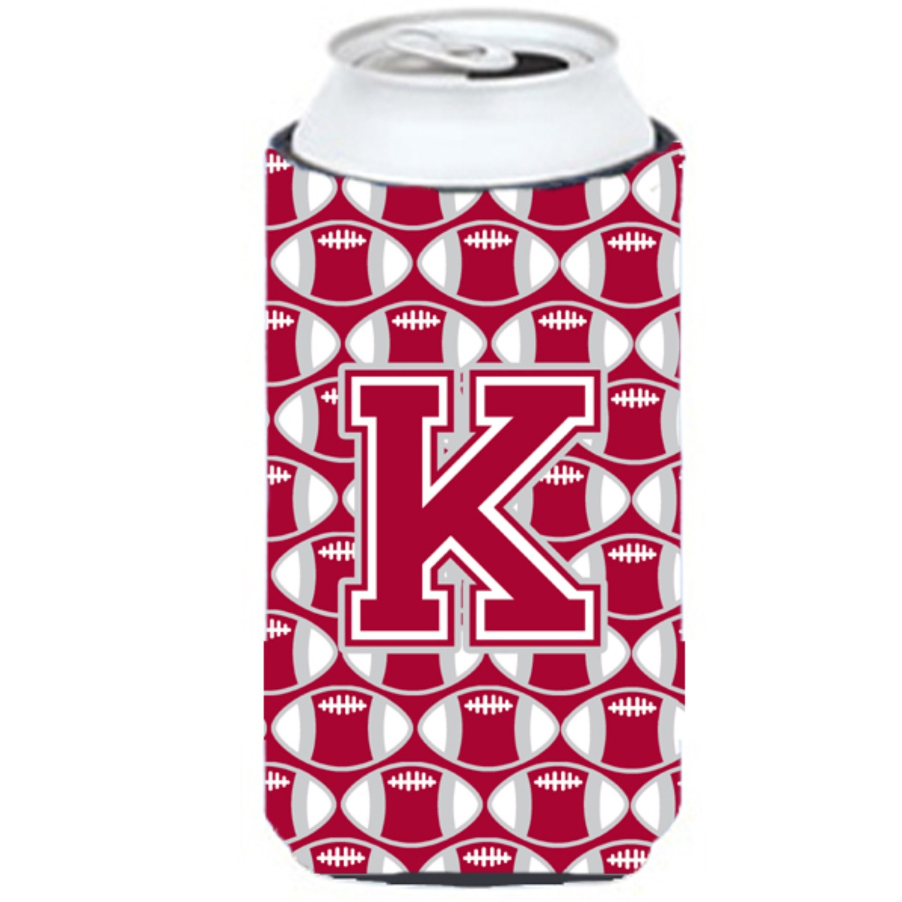&quotLetter K Football Crimson, grey and white Tall Boy Beverage Insulator Hugger CJ1065-KTBC"