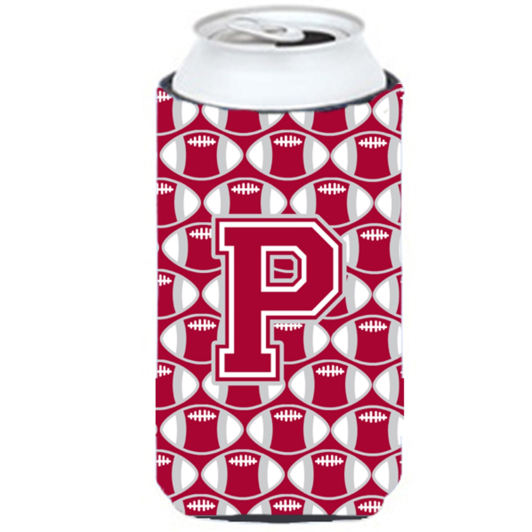 &quotLetter P Football Crimson, grey and white Tall Boy Beverage Insulator Hugger CJ1065-PTBC"