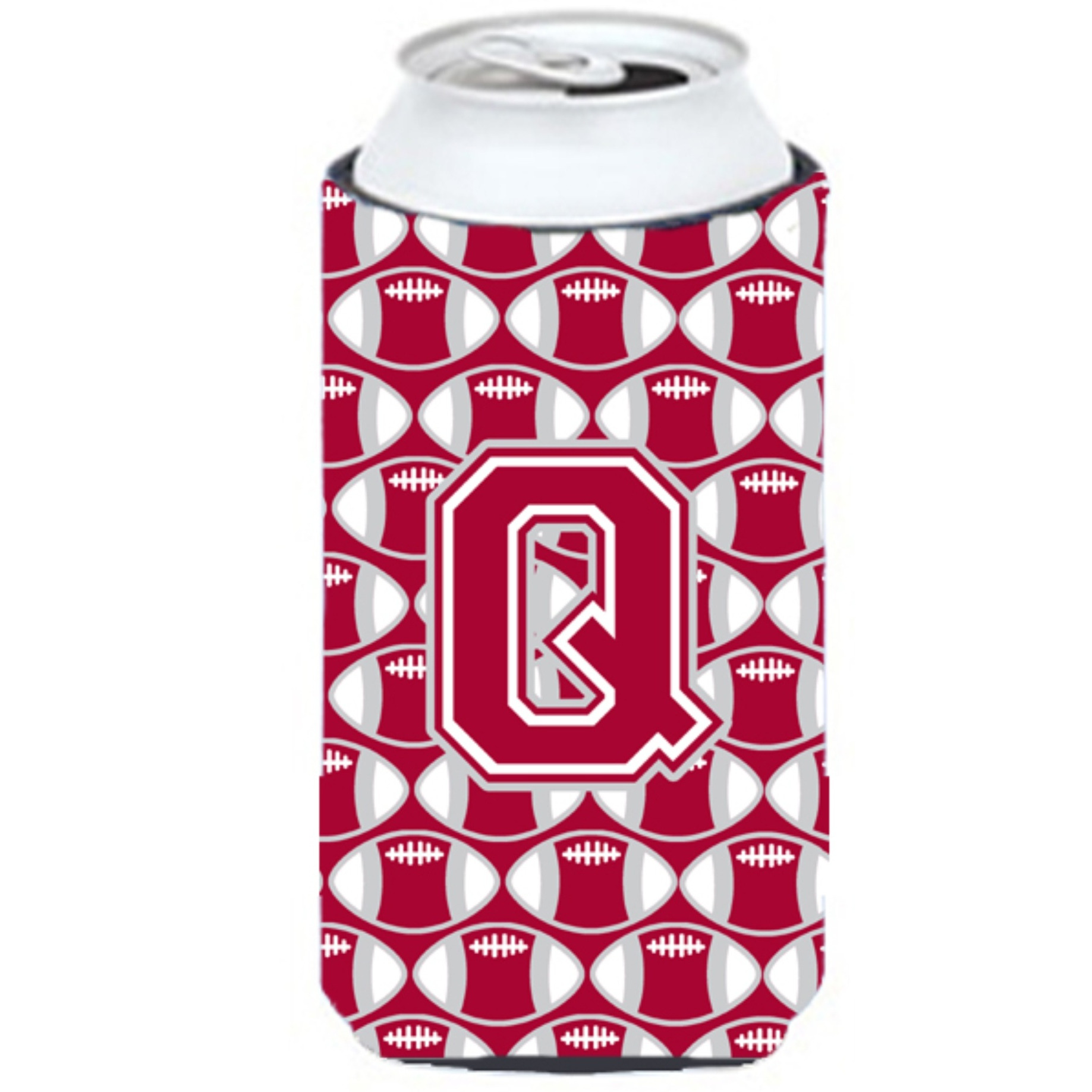 &quotLetter Q Football Crimson, grey and white Tall Boy Beverage Insulator Hugger CJ1065-QTBC"