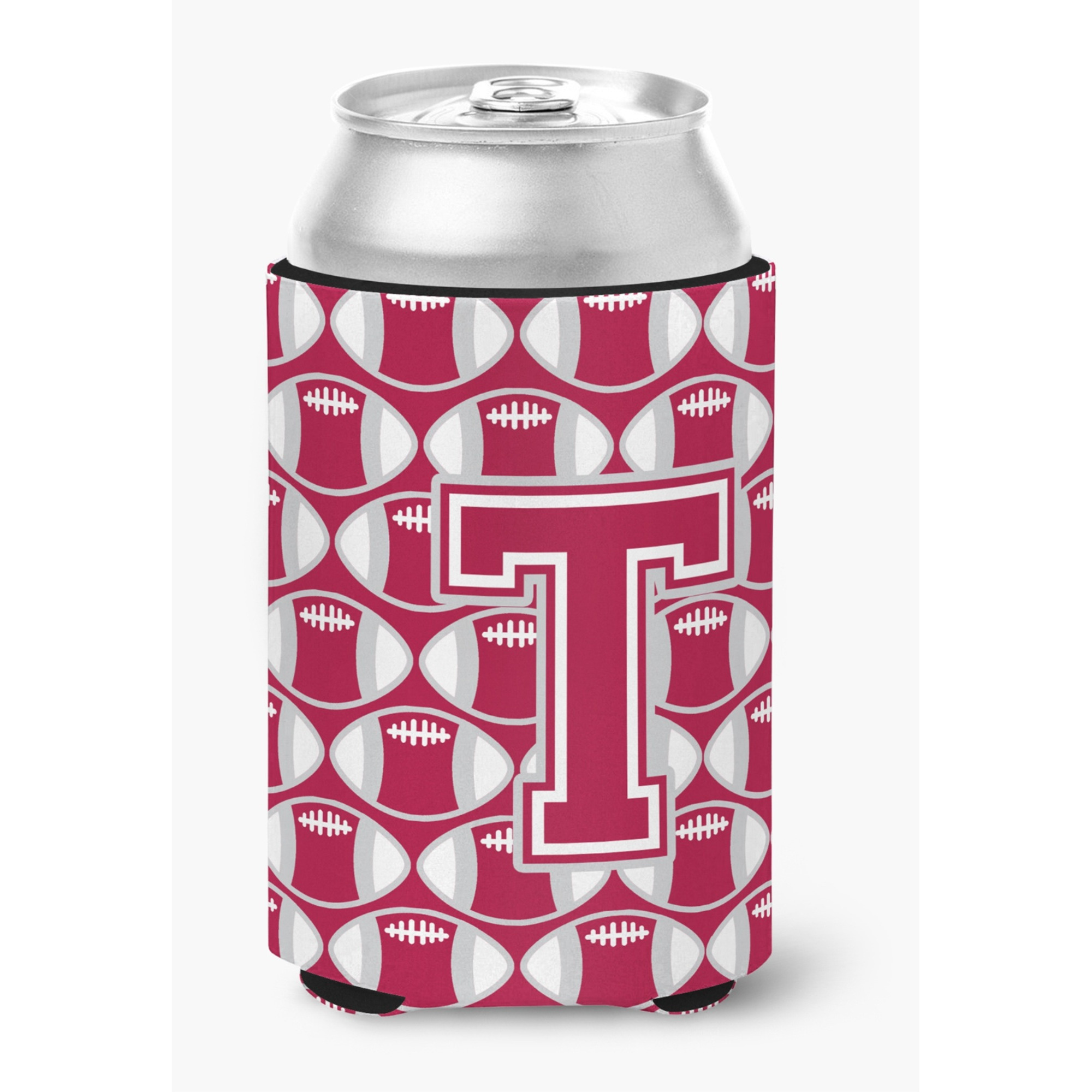 &quotCaroline's Treasures CJ1065-TCC Letter T Football Crimson, grey and white Can or Bottle Hugger, Multicolor"