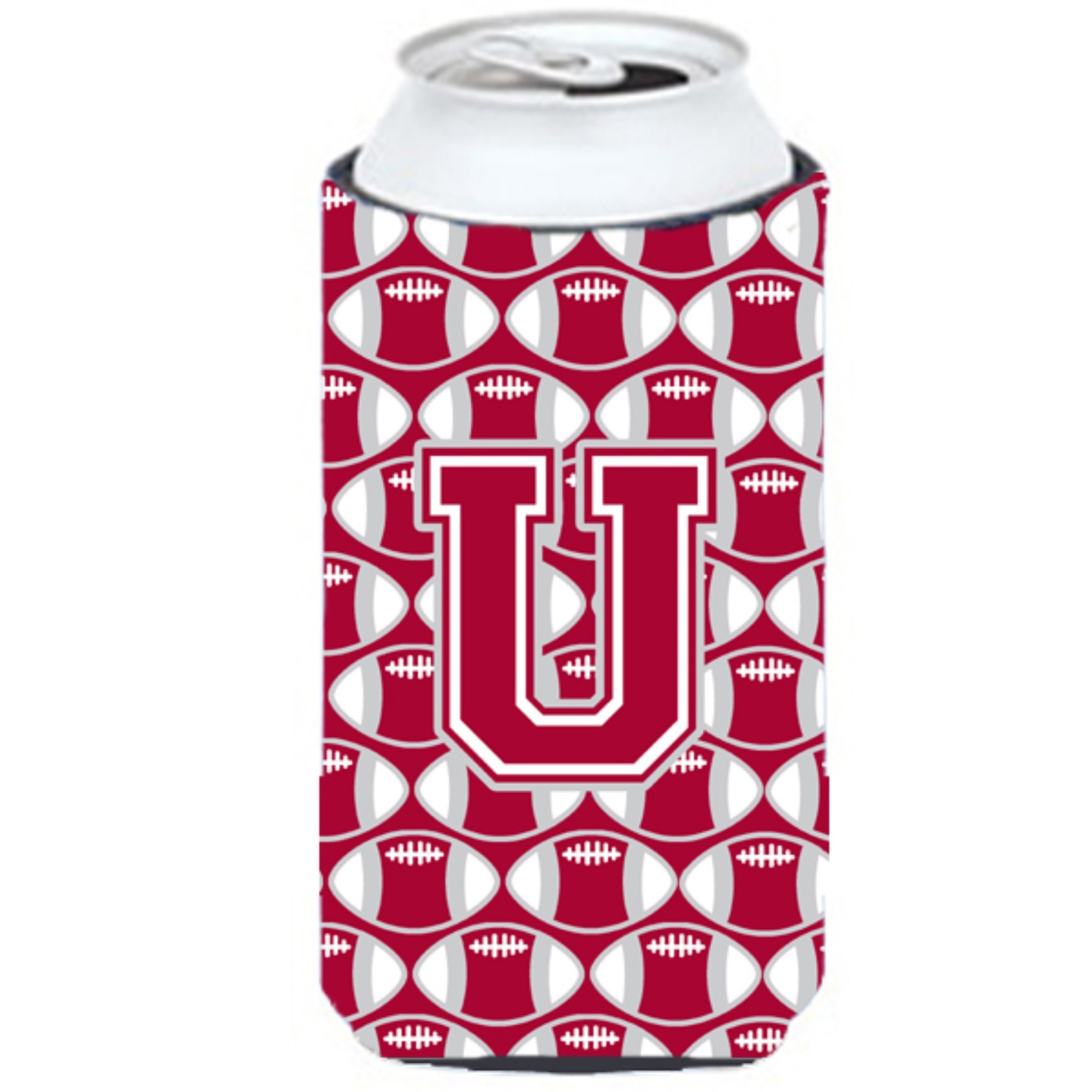 &quotLetter U Football Crimson, grey and white Tall Boy Beverage Insulator Hugger CJ1065-UTBC"