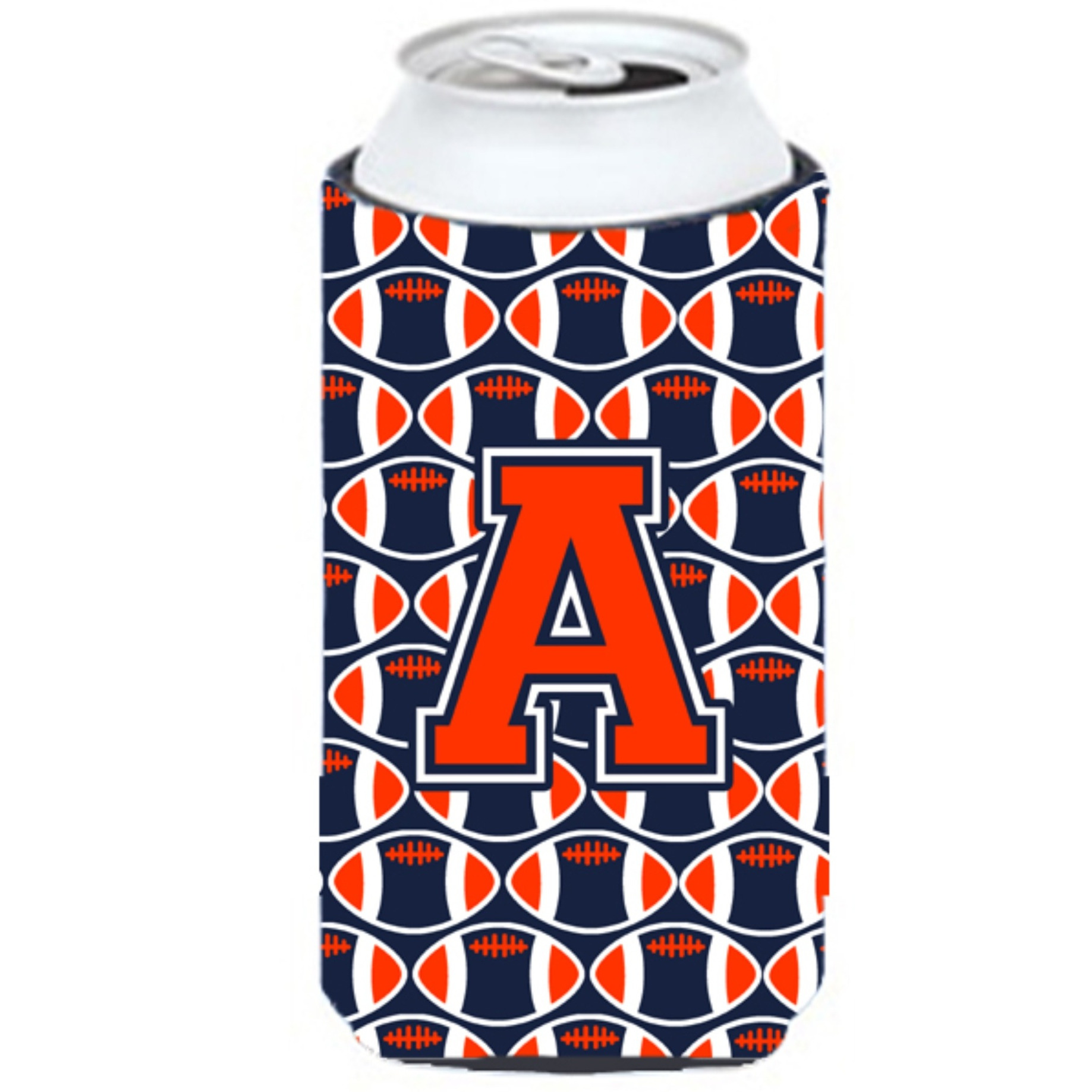 &quotLetter A Football Orange, Blue and white Tall Boy Beverage Insulator Hugger CJ1066-ATBC"