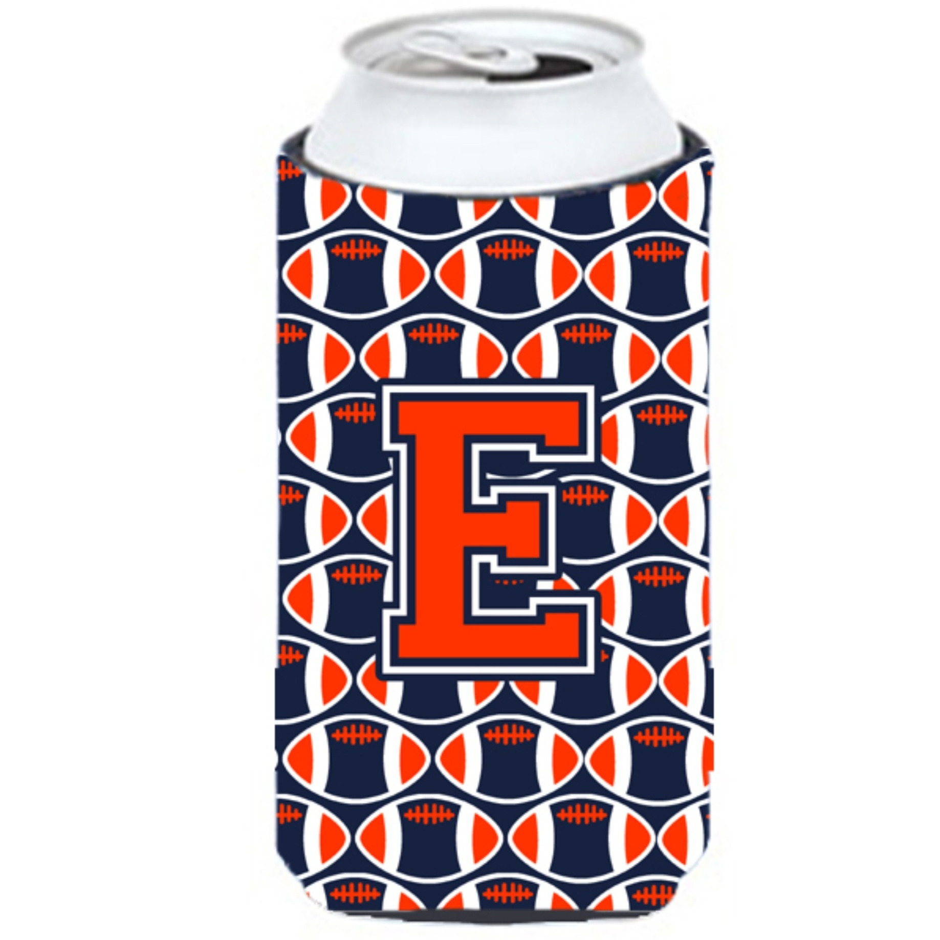 &quotLetter E Football Orange, Blue and white Tall Boy Beverage Insulator Hugger CJ1066-ETBC"