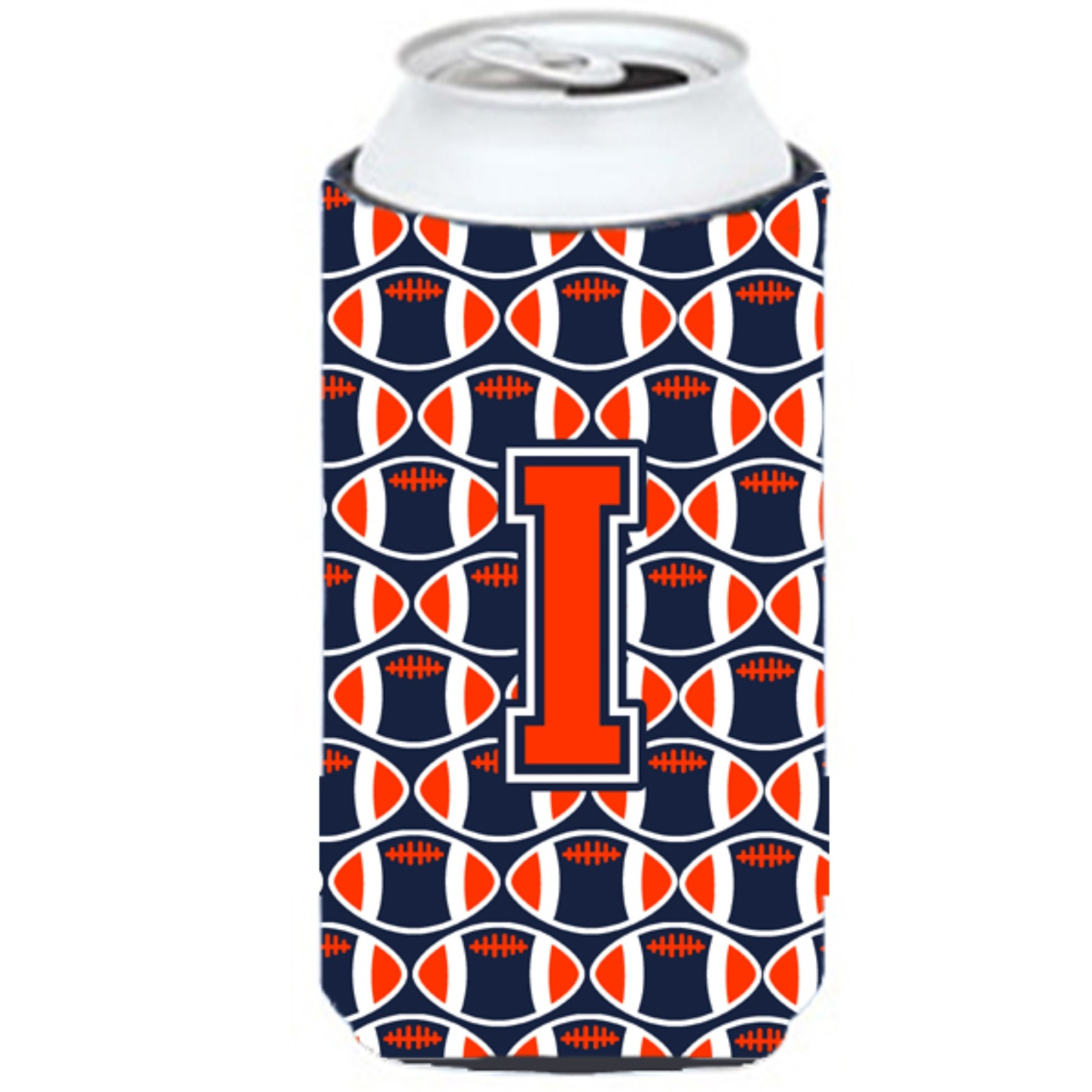 &quotLetter I Football Orange, Blue and white Tall Boy Beverage Insulator Hugger CJ1066-ITBC"