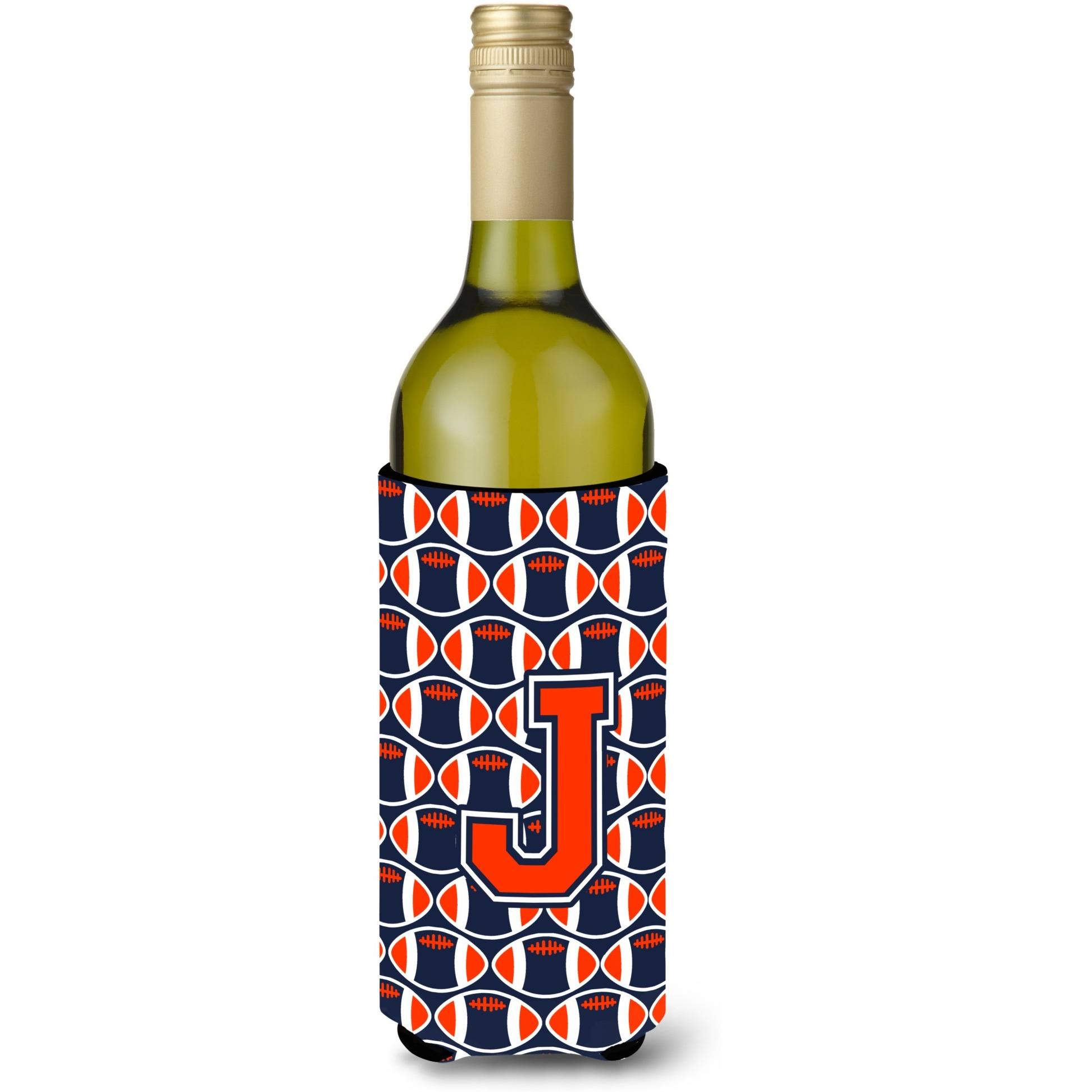 &quotLetter J Football Orange, Blue and white Wine Bottle Beverage Insulator Hugger CJ1066-JLITERK"