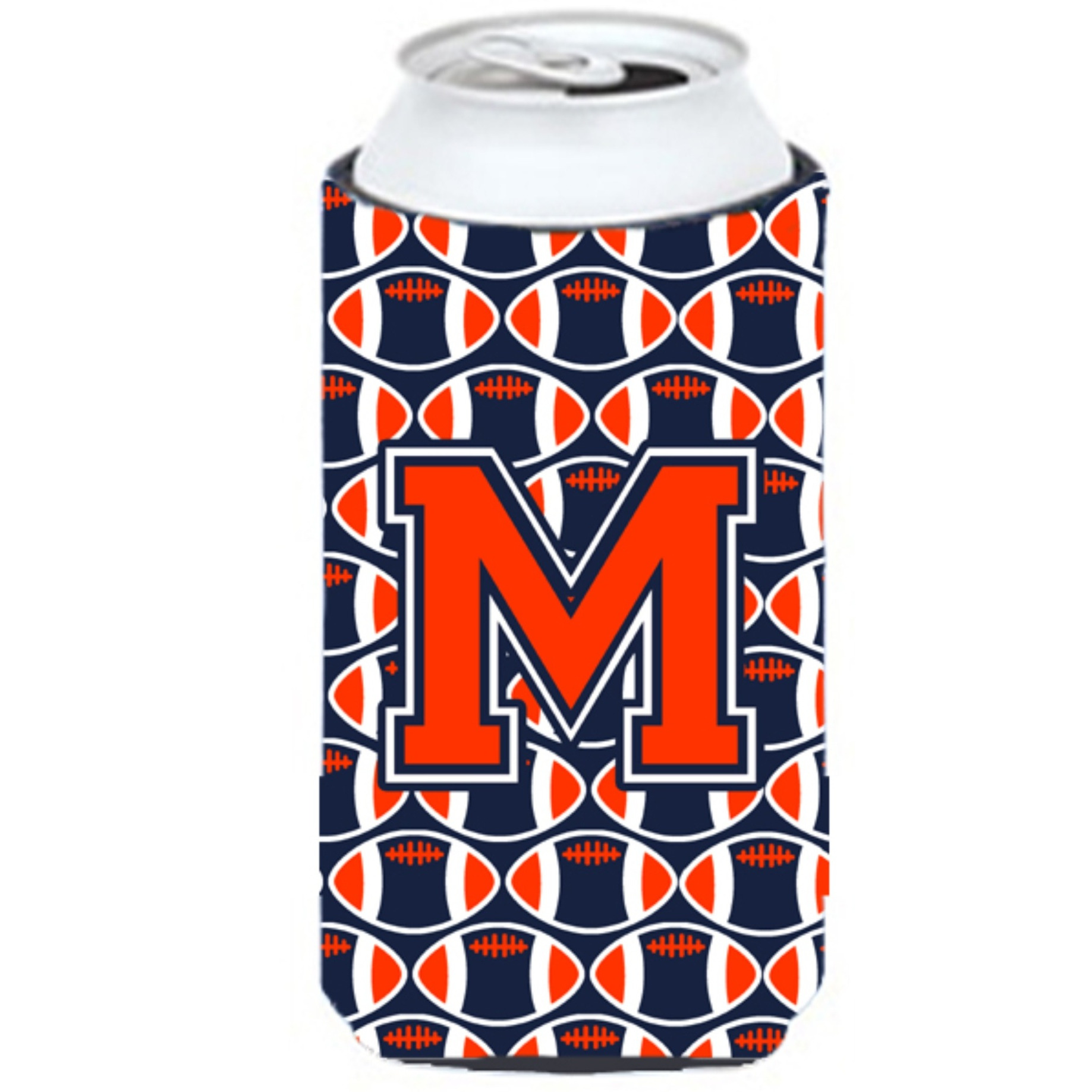 &quotLetter M Football Orange, Blue and white Tall Boy Beverage Insulator Hugger CJ1066-MTBC"