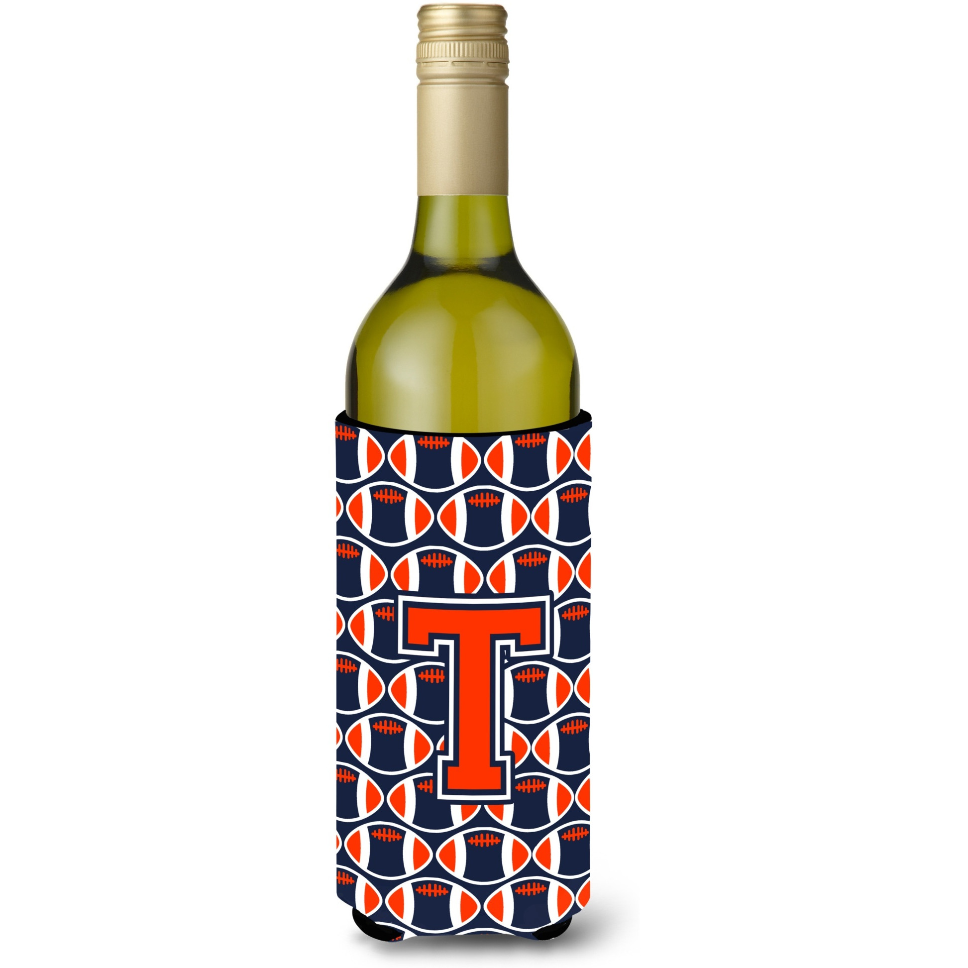 &quotLetter T Football Orange, Blue and white Wine Bottle Beverage Insulator Hugger CJ1066-TLITERK"