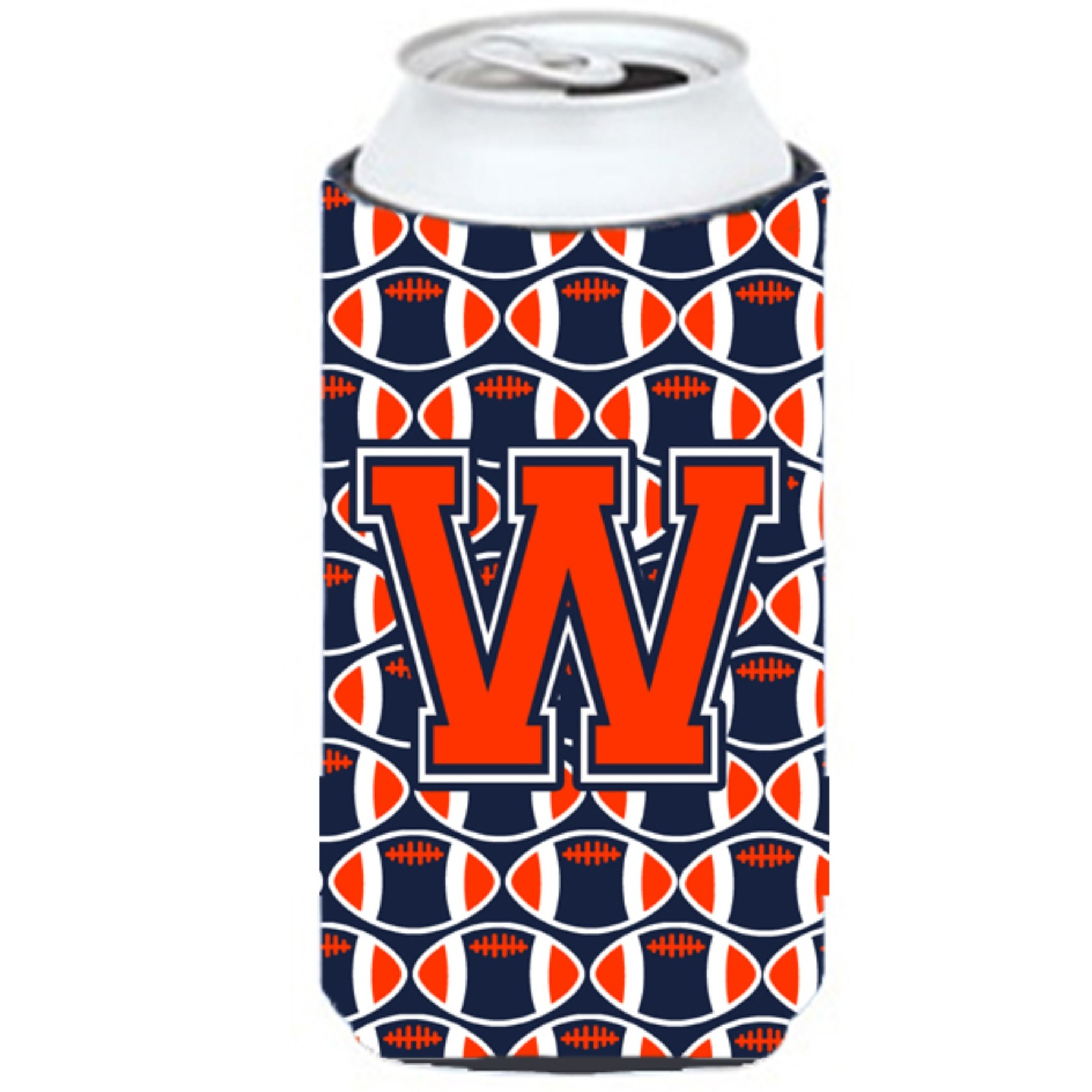 &quotLetter W Football Orange, Blue and white Tall Boy Beverage Insulator Hugger CJ1066-WTBC"