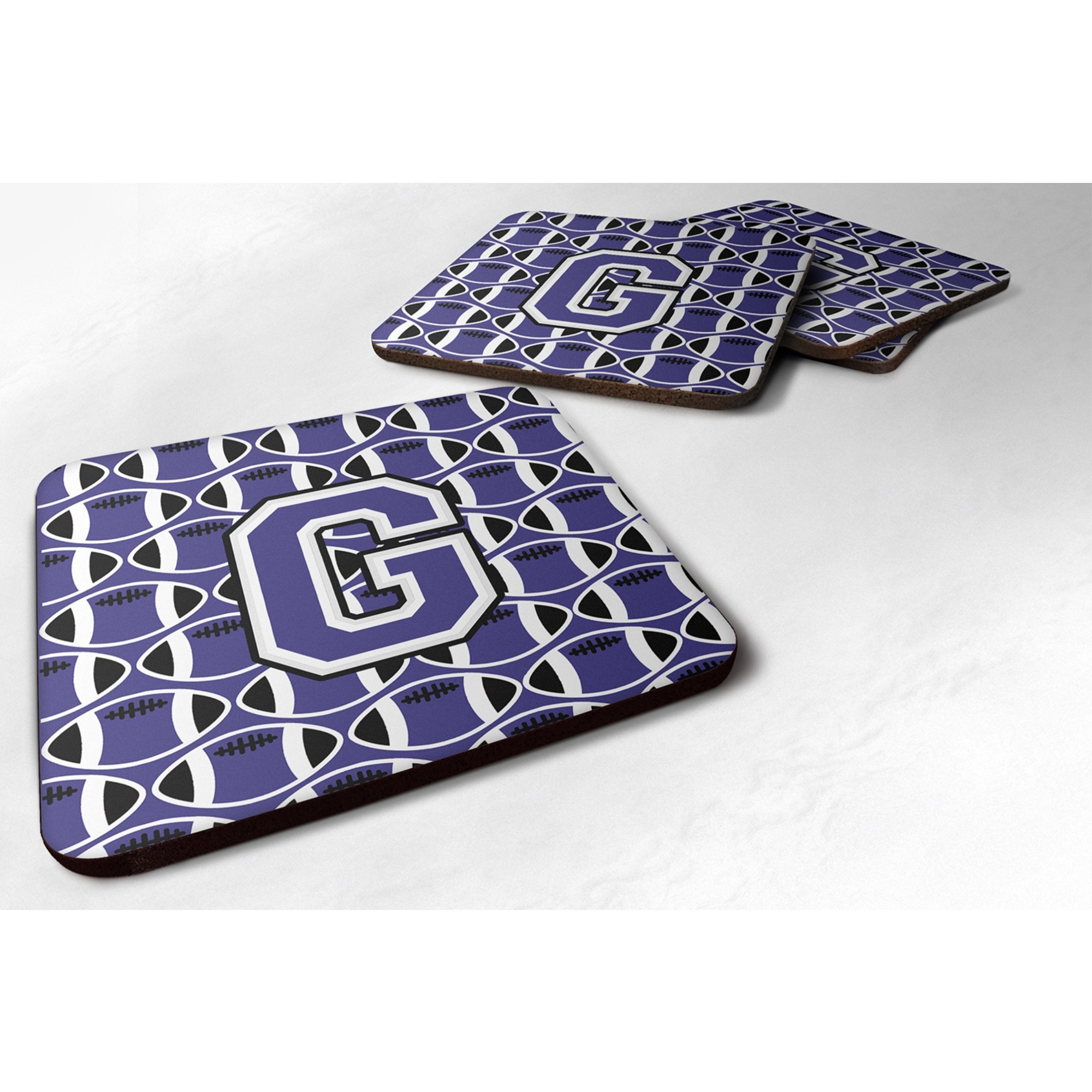 &quotCaroline's Treasures CJ1068-GFC Letter G Football Purple and White Foam Coaster (Set of 4), 3.5"", Multicolor"