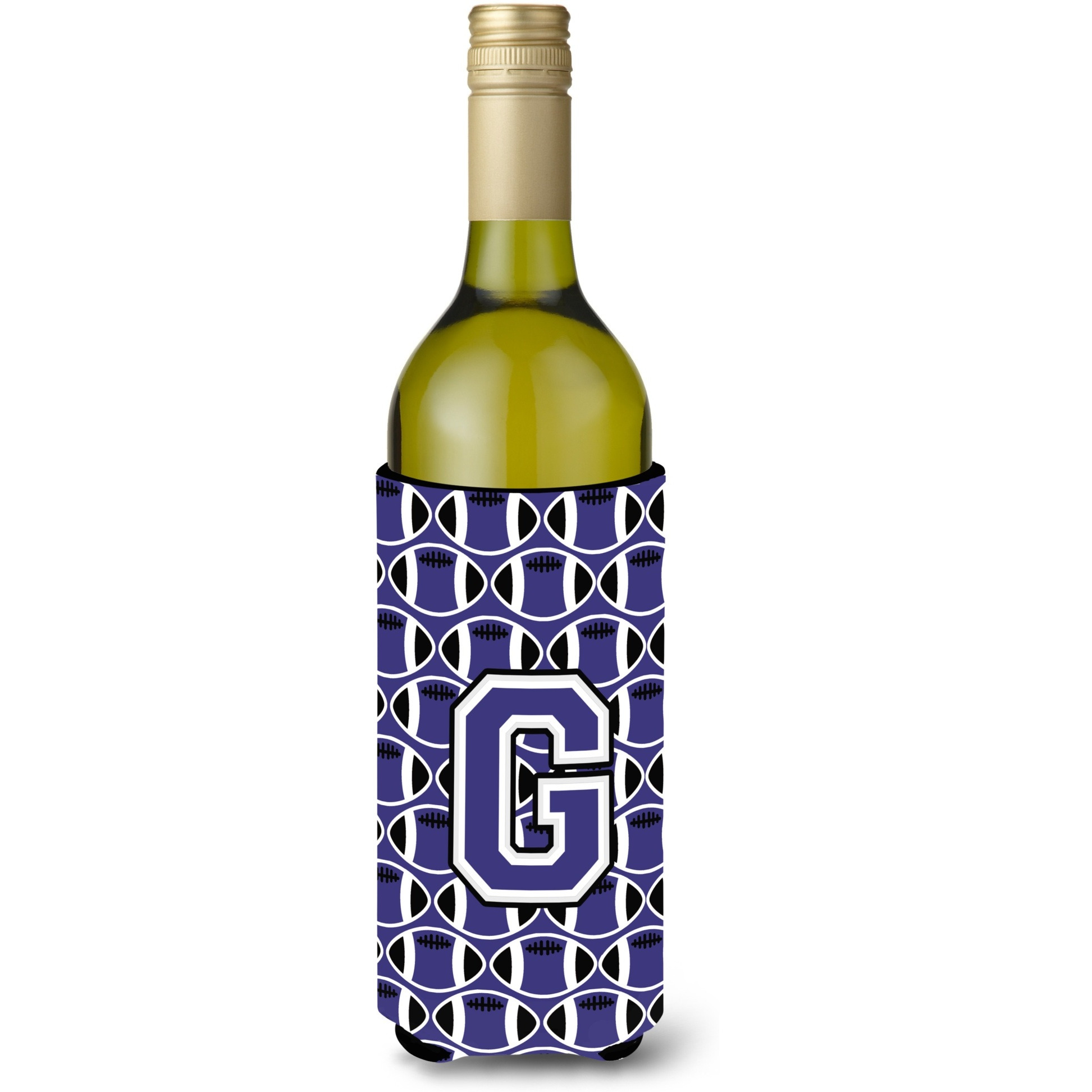 Letter G Football Purple and White Wine Bottle Beverage Insulator Hugger CJ1068-GLITERK