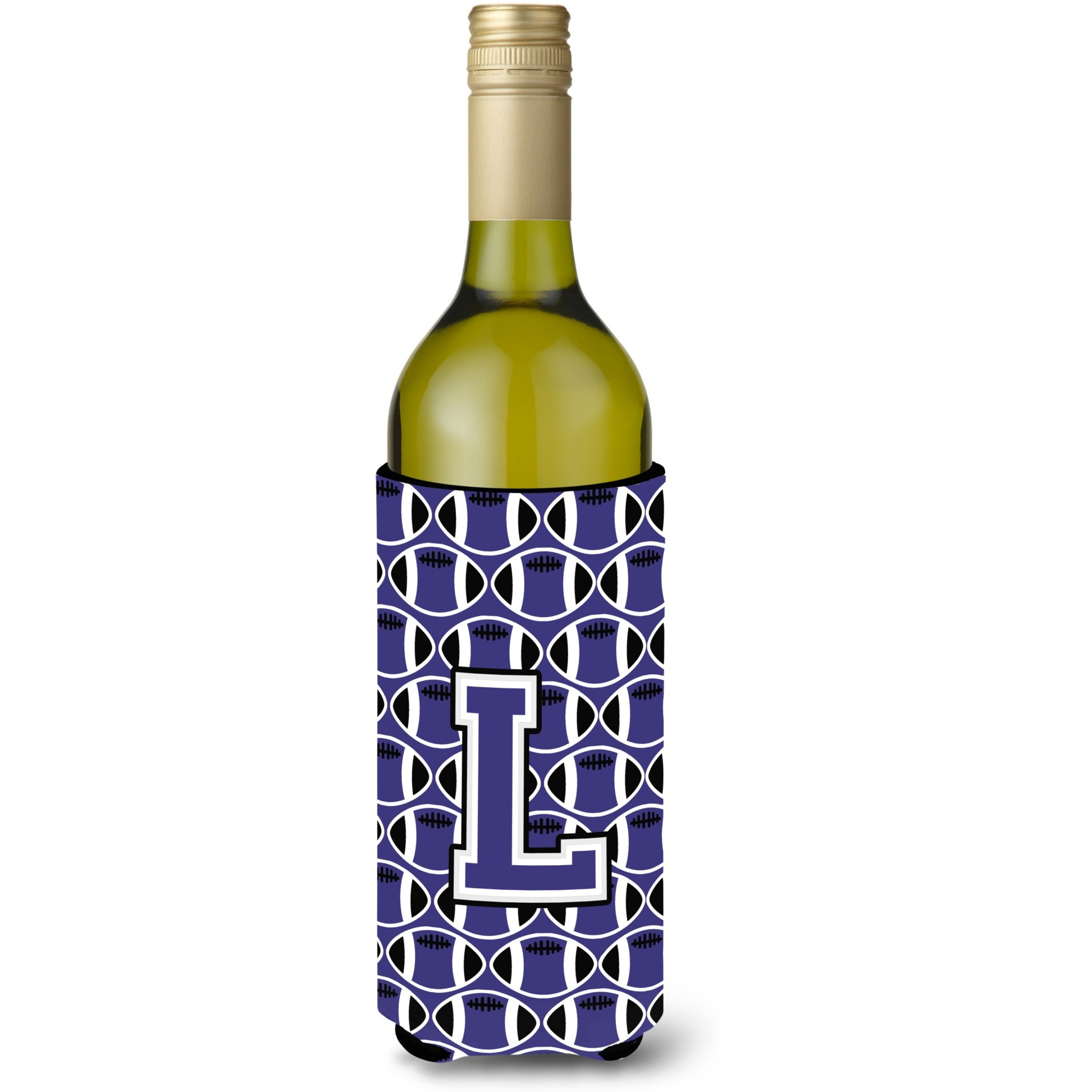 Letter L Football Purple and White Wine Bottle Beverage Insulator Hugger CJ1068-LLITERK