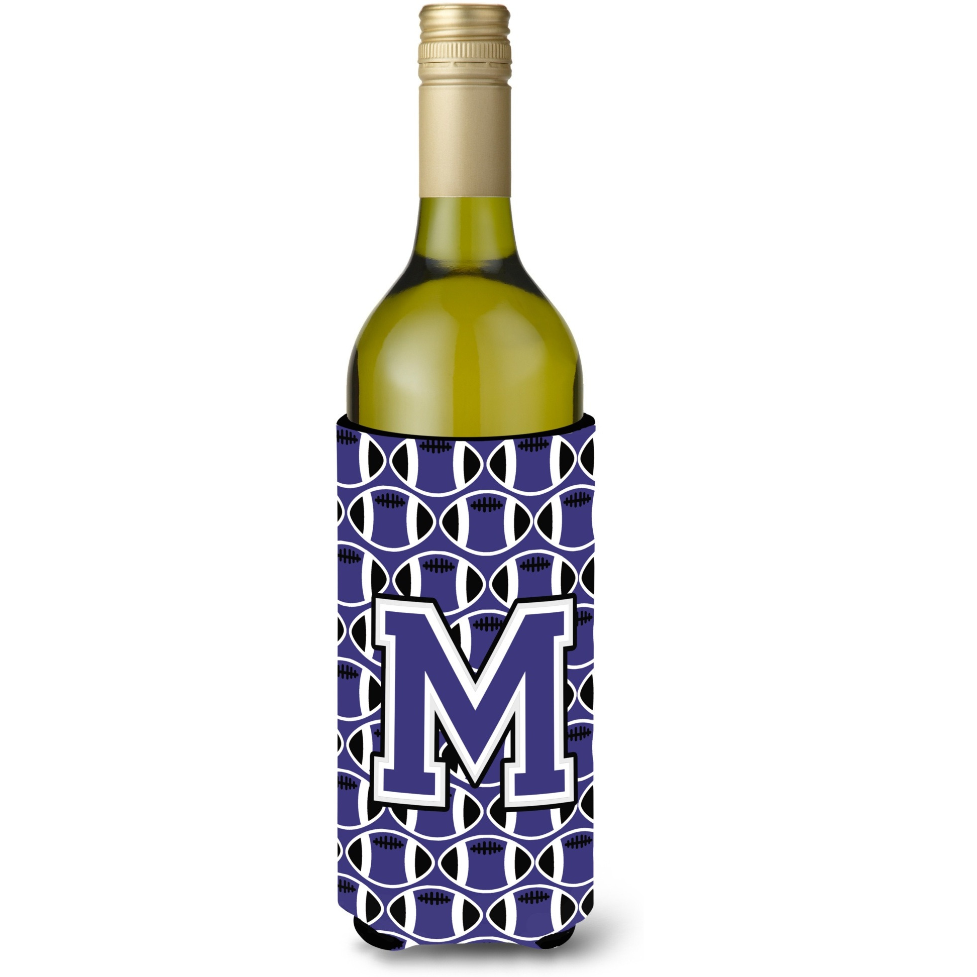 Letter M Football Purple and White Wine Bottle Beverage Insulator Hugger CJ1068-MLITERK