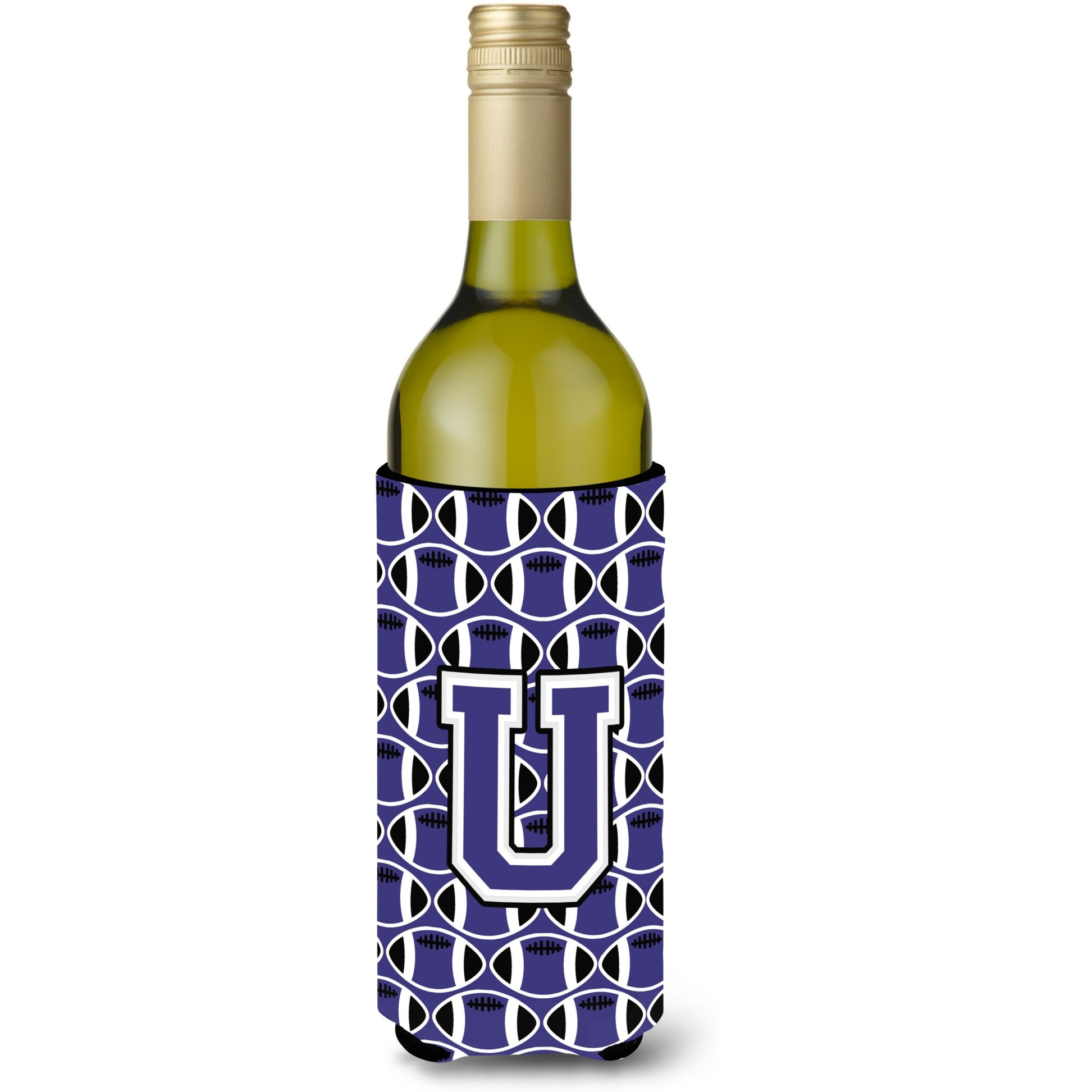 Letter U Football Purple and White Wine Bottle Beverage Insulator Hugger CJ1068-ULITERK