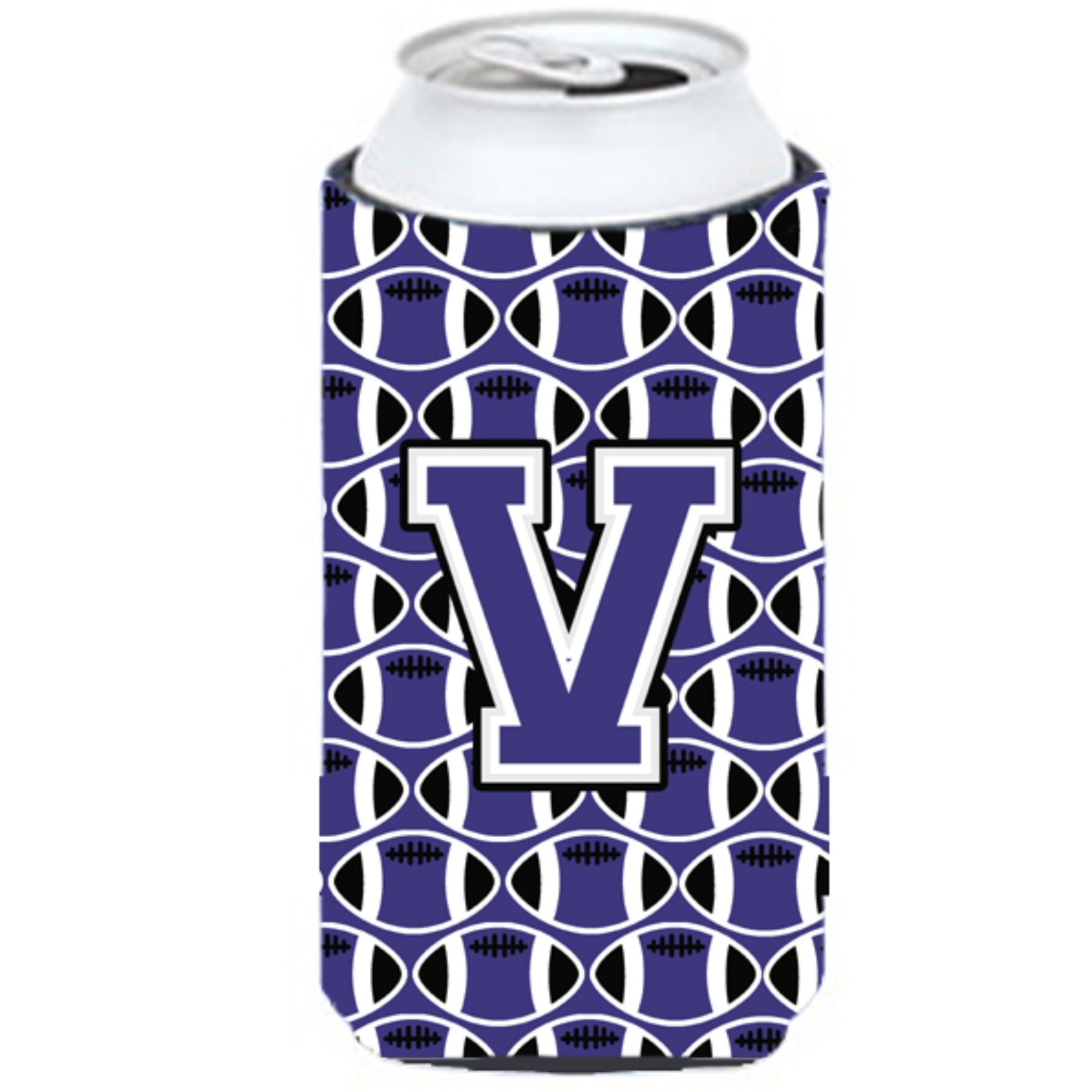 Letter V Football Purple and White Tall Boy Beverage Insulator Hugger CJ1068-VTBC