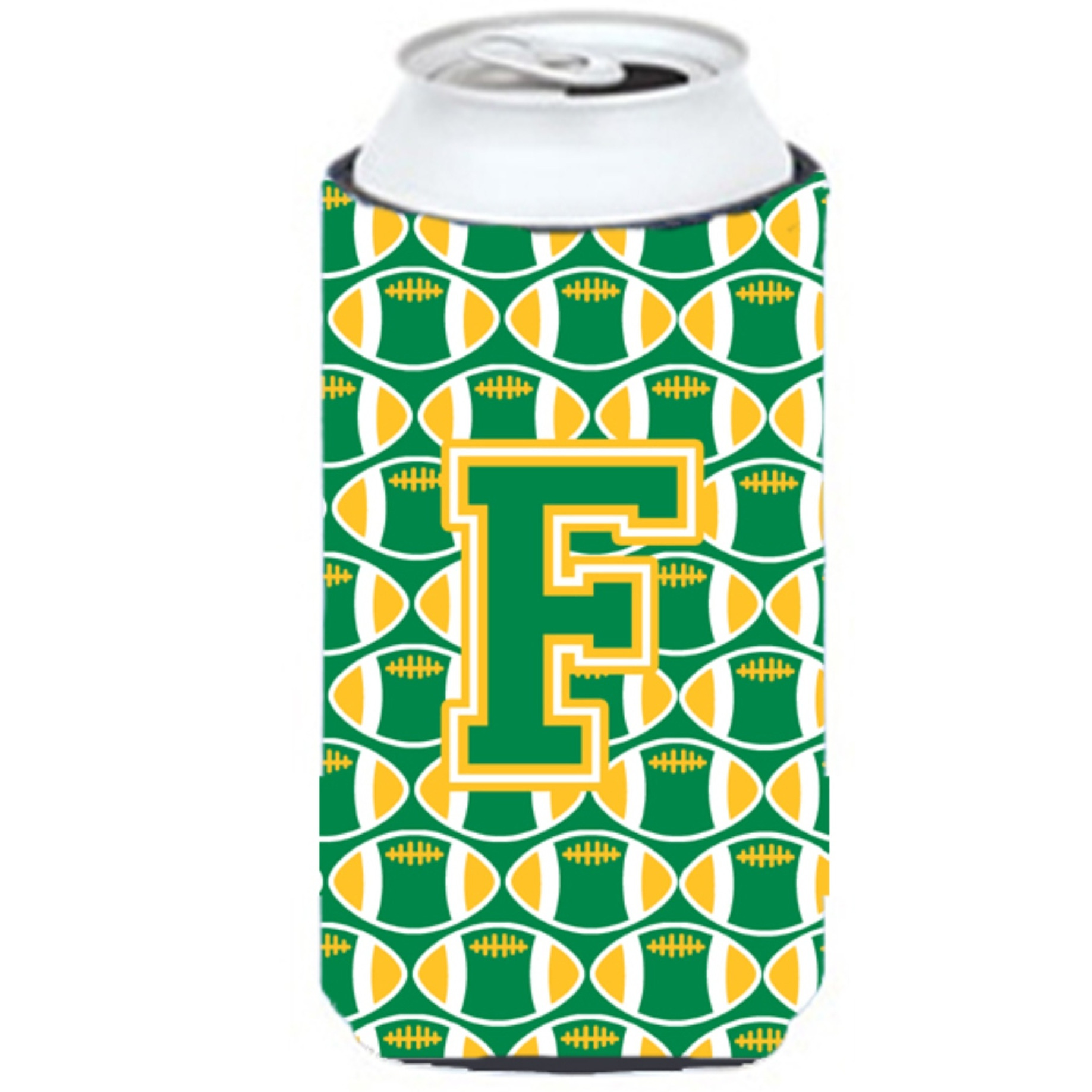 Letter F Football Green and Gold Tall Boy Beverage Insulator Hugger CJ1069-FTBC