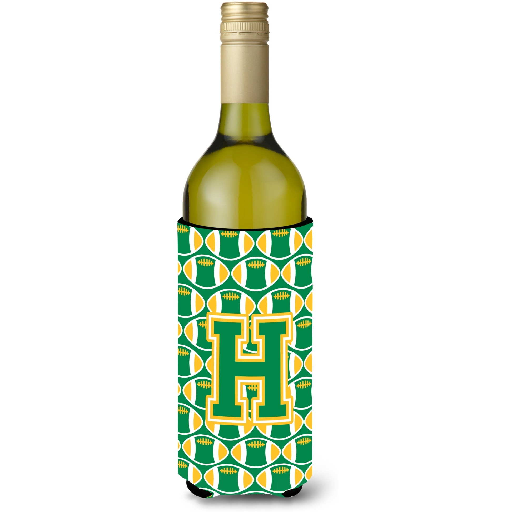 Letter H Football Green and Gold Wine Bottle Beverage Insulator Hugger CJ1069-HLITERK