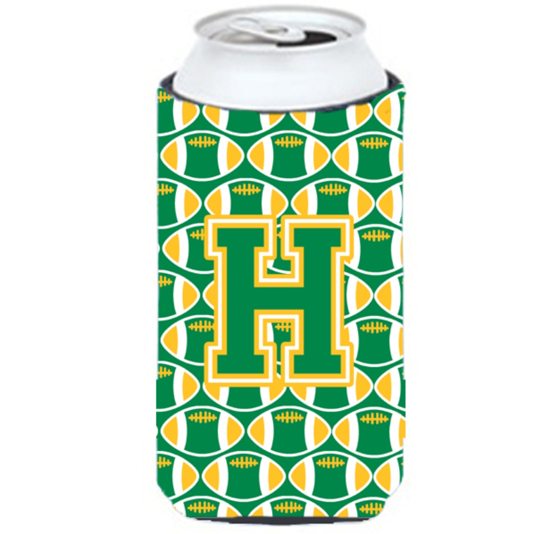 Letter H Football Green and Gold Tall Boy Beverage Insulator Hugger CJ1069-HTBC