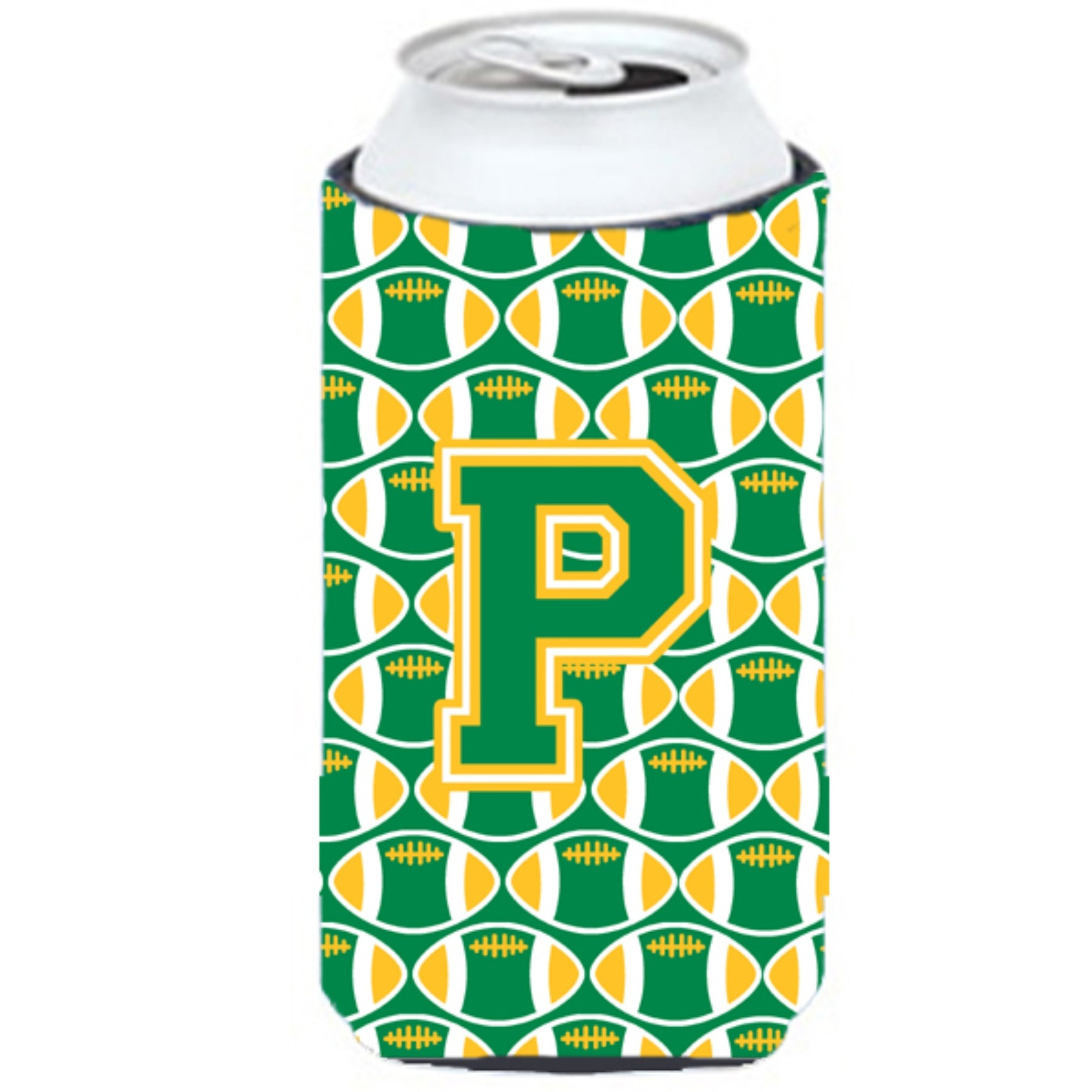 Letter P Football Green and Gold Tall Boy Beverage Insulator Hugger CJ1069-PTBC