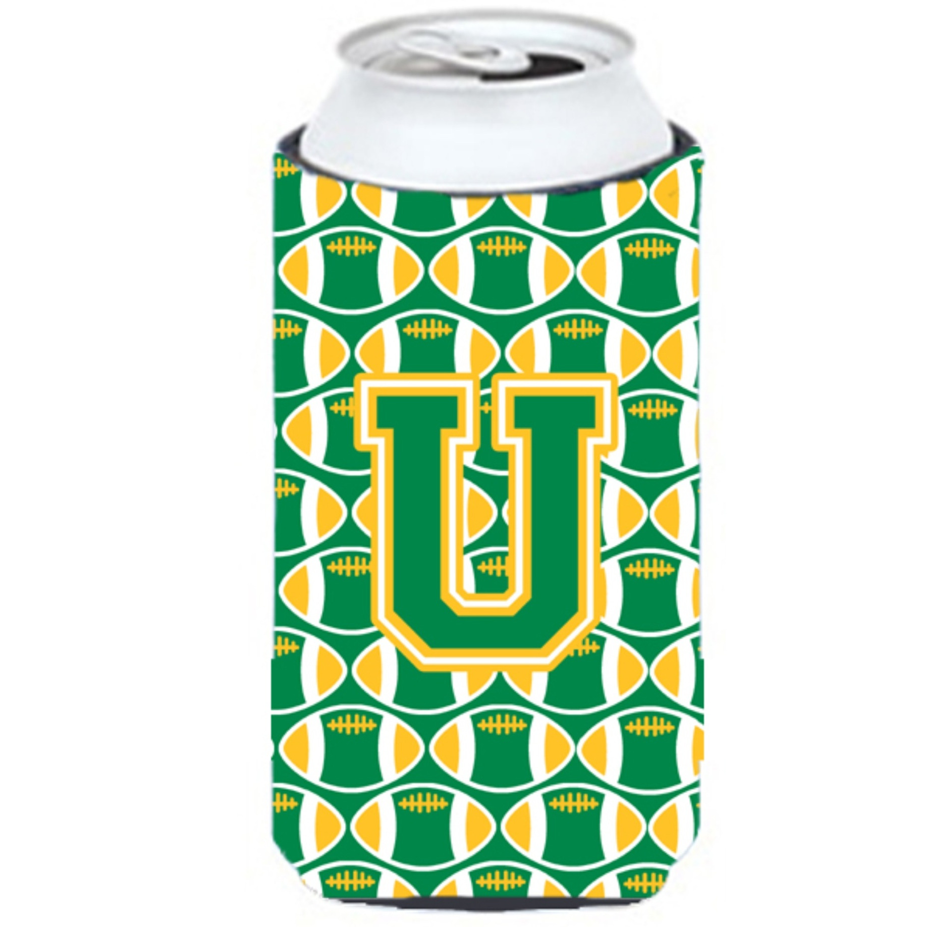 Letter U Football Green and Gold Tall Boy Beverage Insulator Hugger CJ1069-UTBC