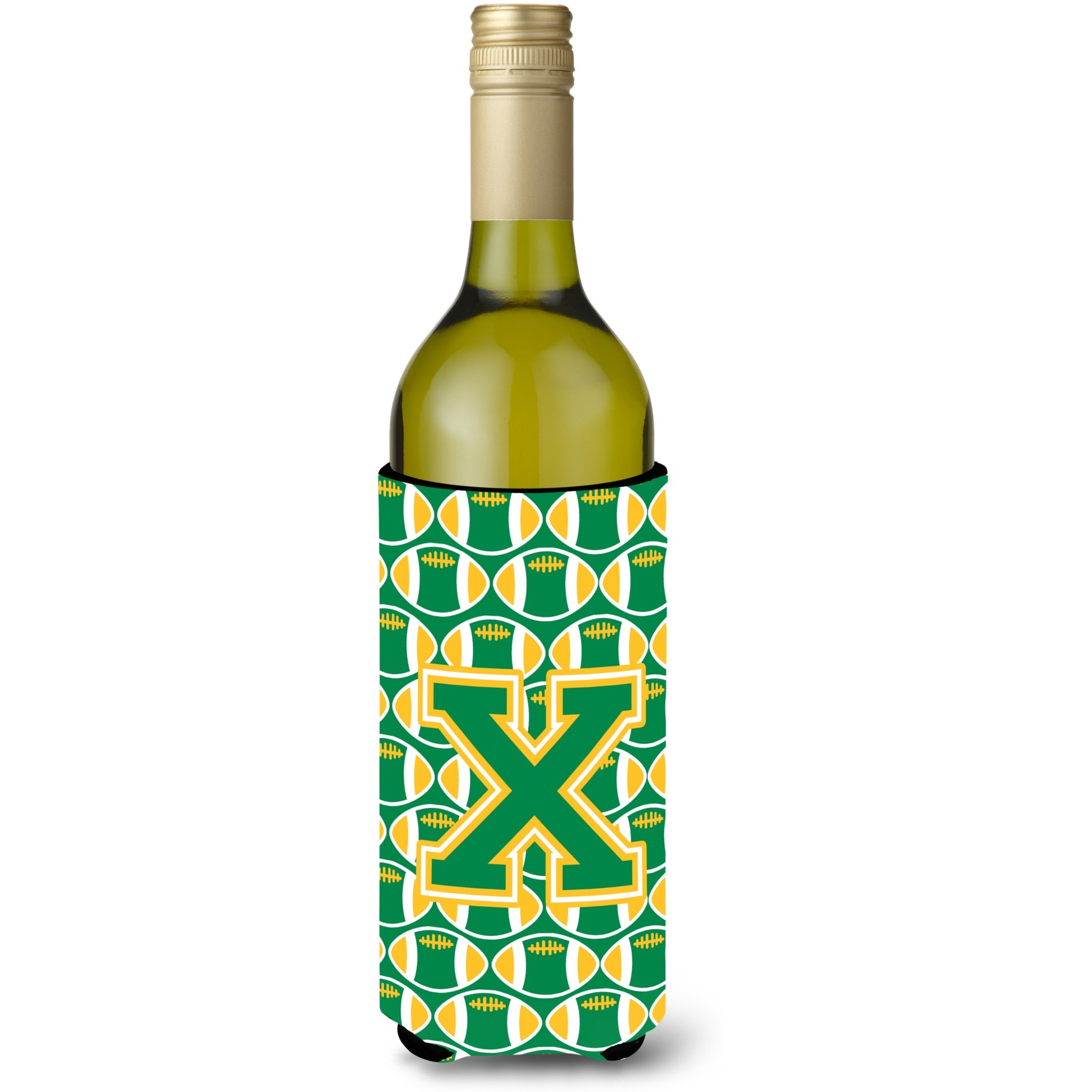 Letter X Football Green and Gold Wine Bottle Beverage Insulator Hugger CJ1069-XLITERK