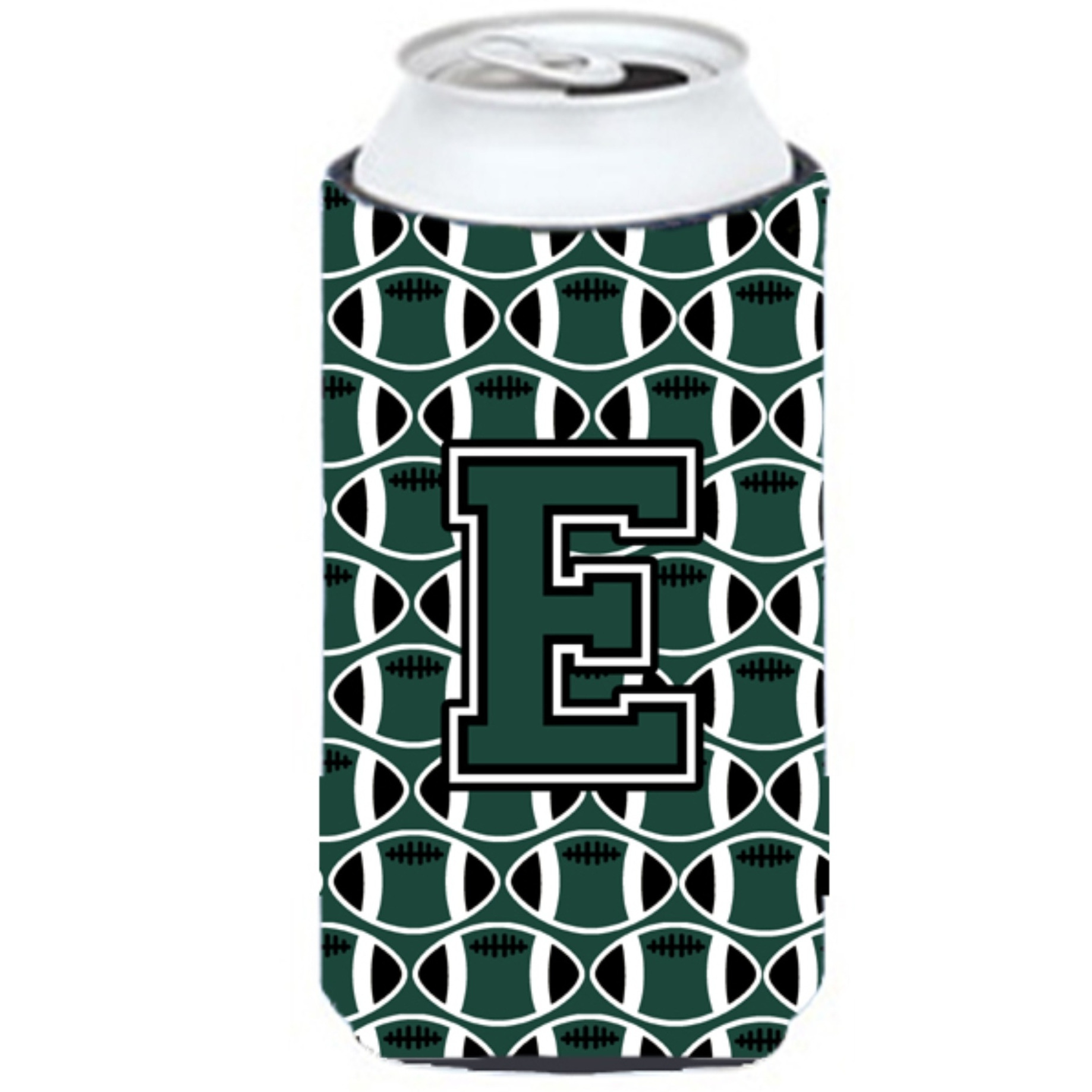 Letter E Football Green and White Tall Boy Beverage Insulator Hugger CJ1071-ETBC
