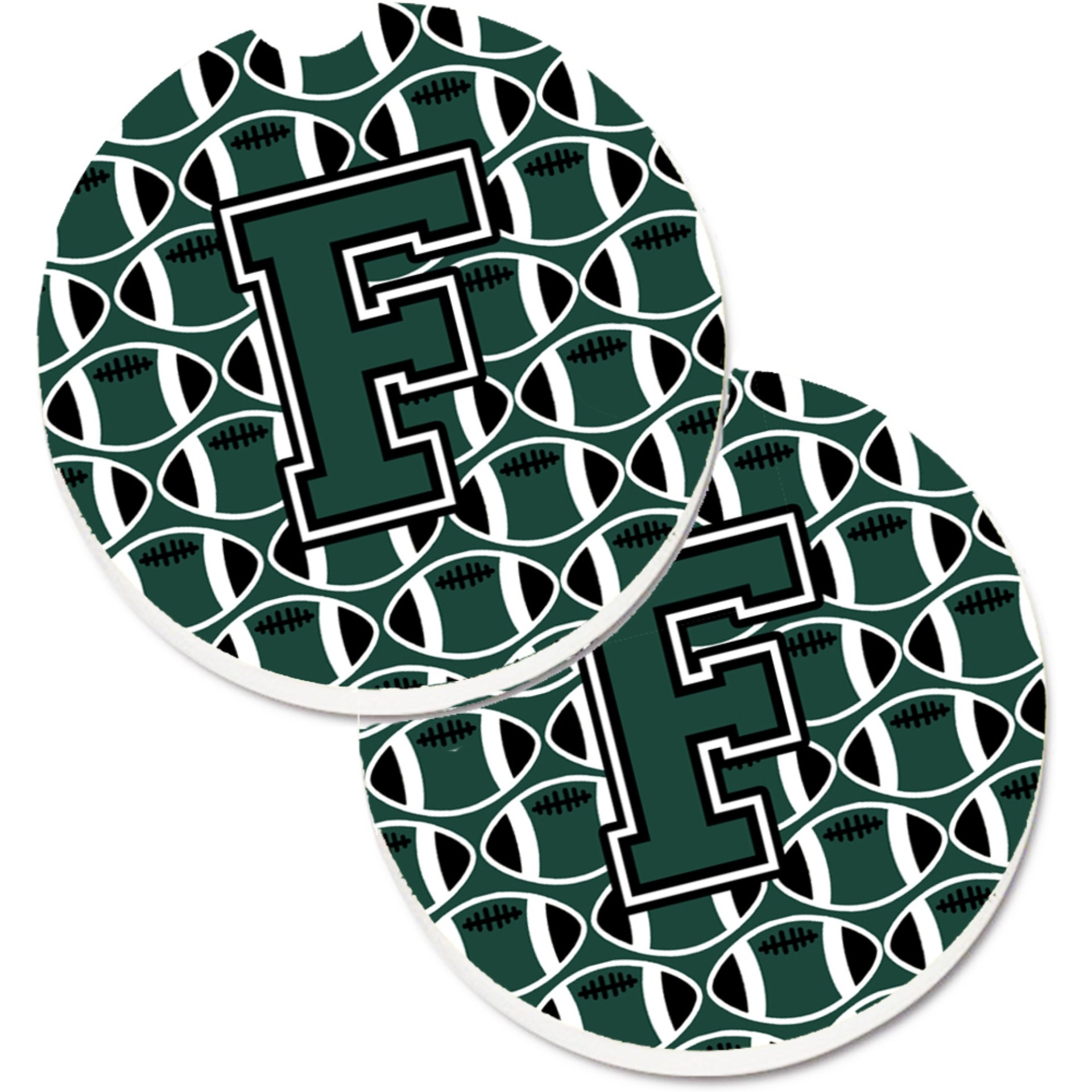&quotCaroline's Treasures Letter F Football green & White Set of 2 Cup Holder Car Coasters CJ1071-FCARC, 2.56, Multicolor"