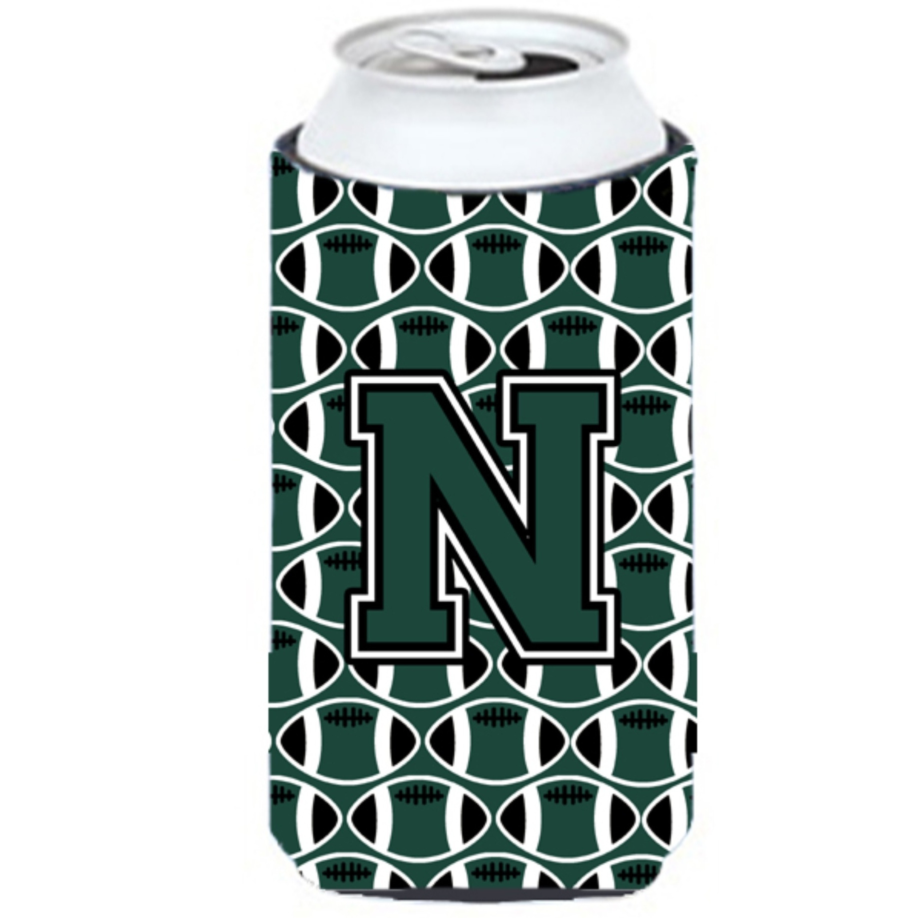 Letter N Football Green and White Tall Boy Beverage Insulator Hugger CJ1071-NTBC