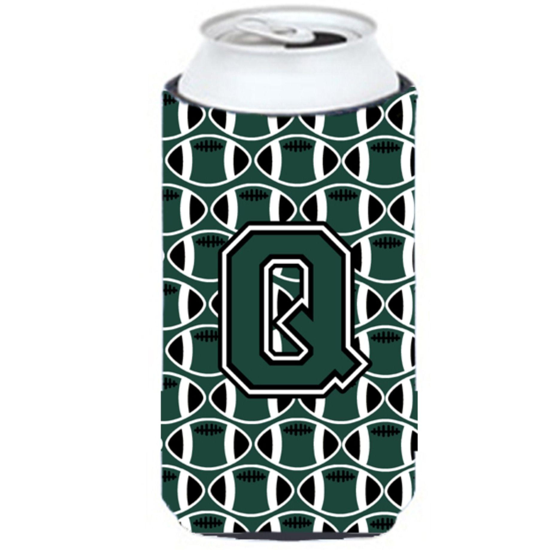 Letter Q Football Green and White Tall Boy Beverage Insulator Hugger CJ1071-QTBC