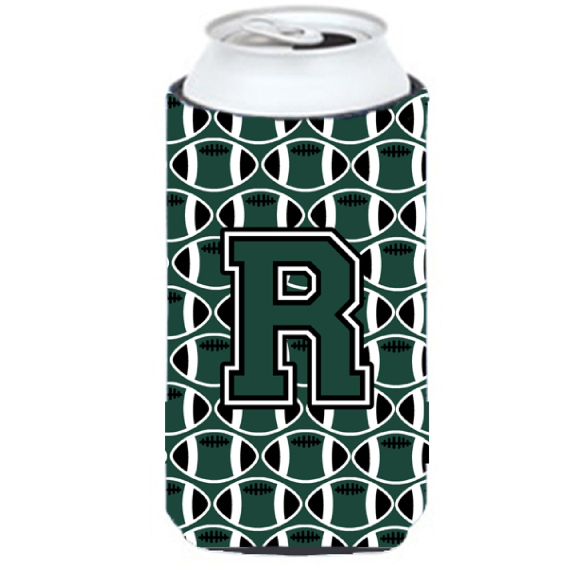 Letter R Football Green and White Tall Boy Beverage Insulator Hugger CJ1071-RTBC