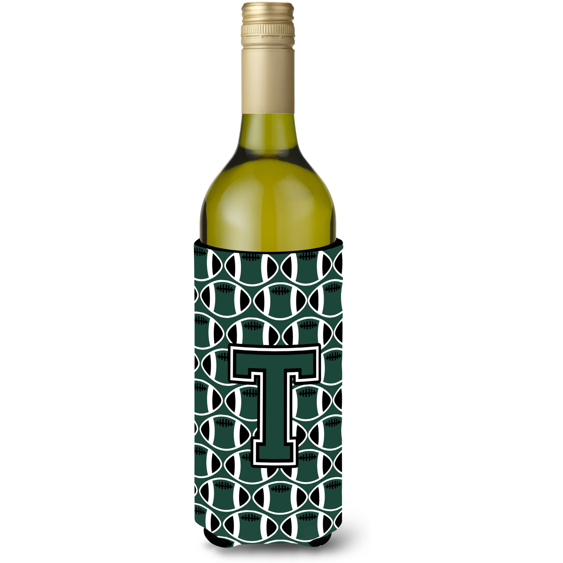 Letter T Football Green and White Wine Bottle Beverage Insulator Hugger CJ1071-TLITERK