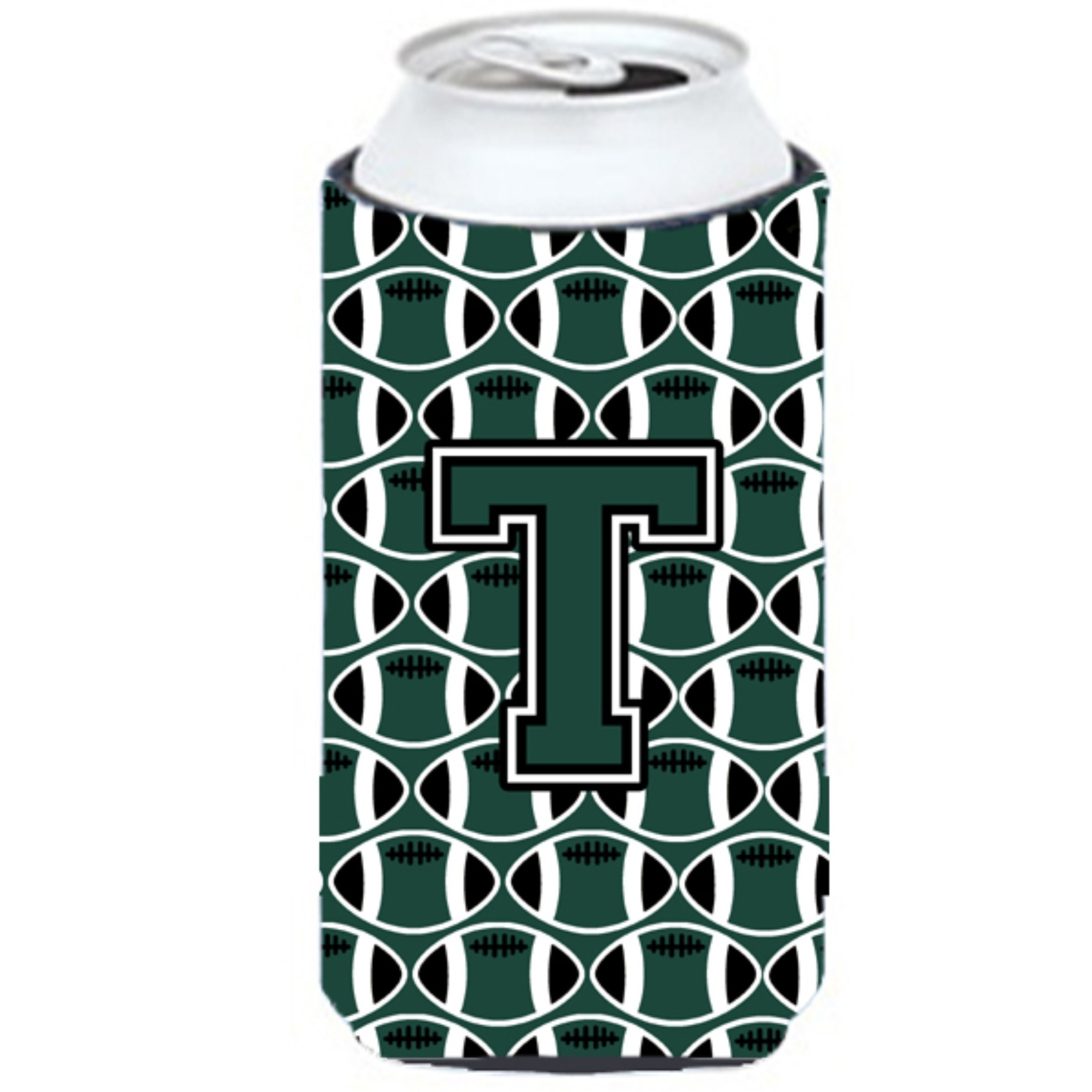 Letter T Football Green and White Tall Boy Beverage Insulator Hugger CJ1071-TTBC
