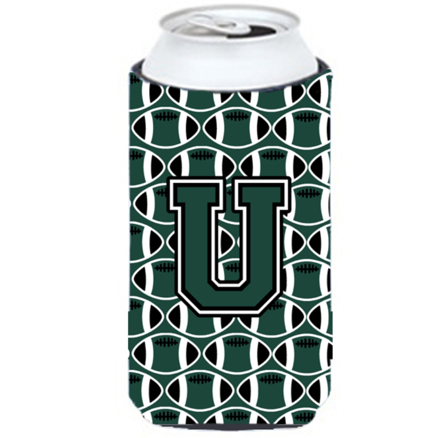 Letter U Football Green and White Tall Boy Beverage Insulator Hugger CJ1071-UTBC