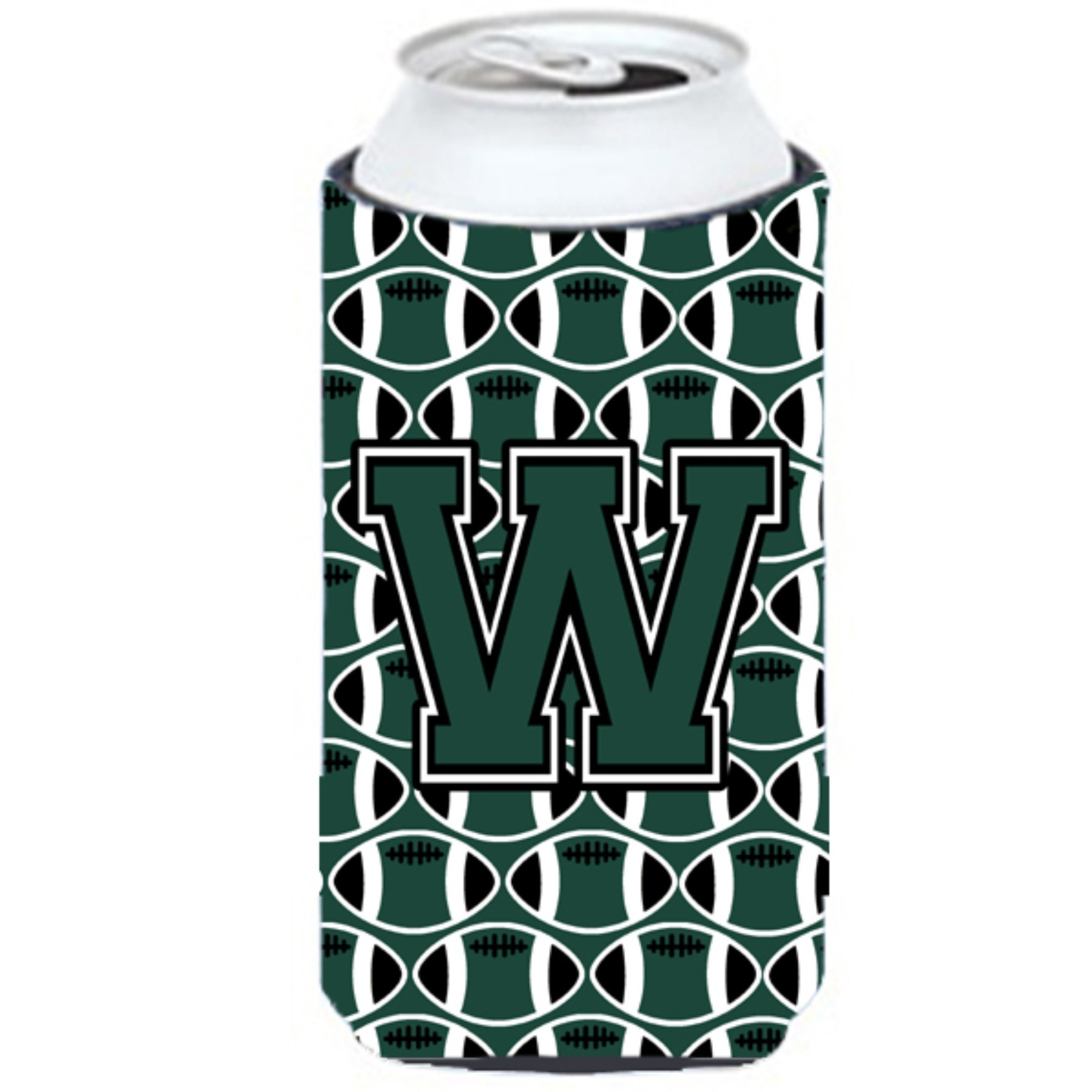 Letter W Football Green and White Tall Boy Beverage Insulator Hugger CJ1071-WTBC