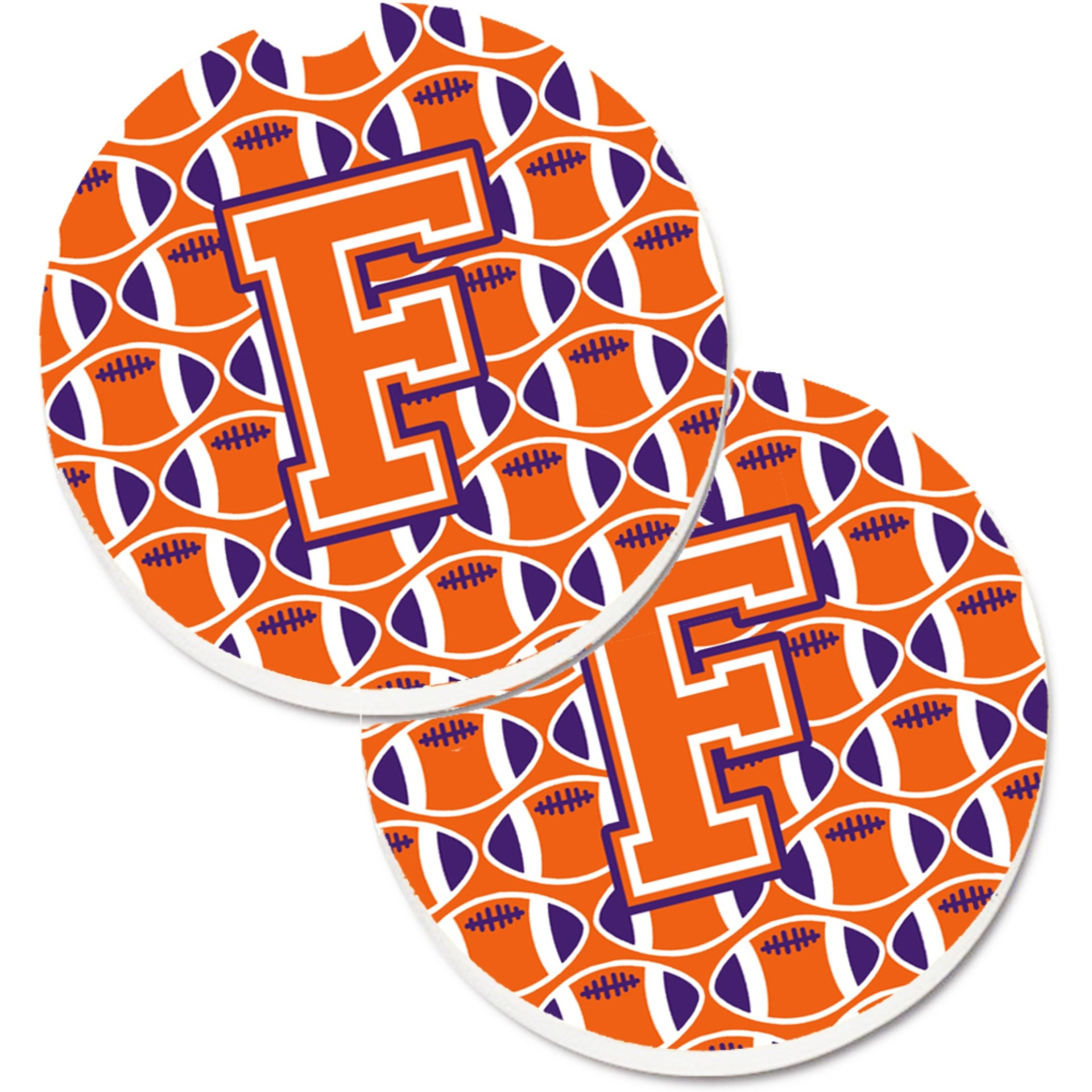 &quotCaroline's Treasures Letter F Football Orange, White & Regalia Set of 2 Cup Holder Car Coasters CJ1072-FCARC, 2.56, Multicolor"