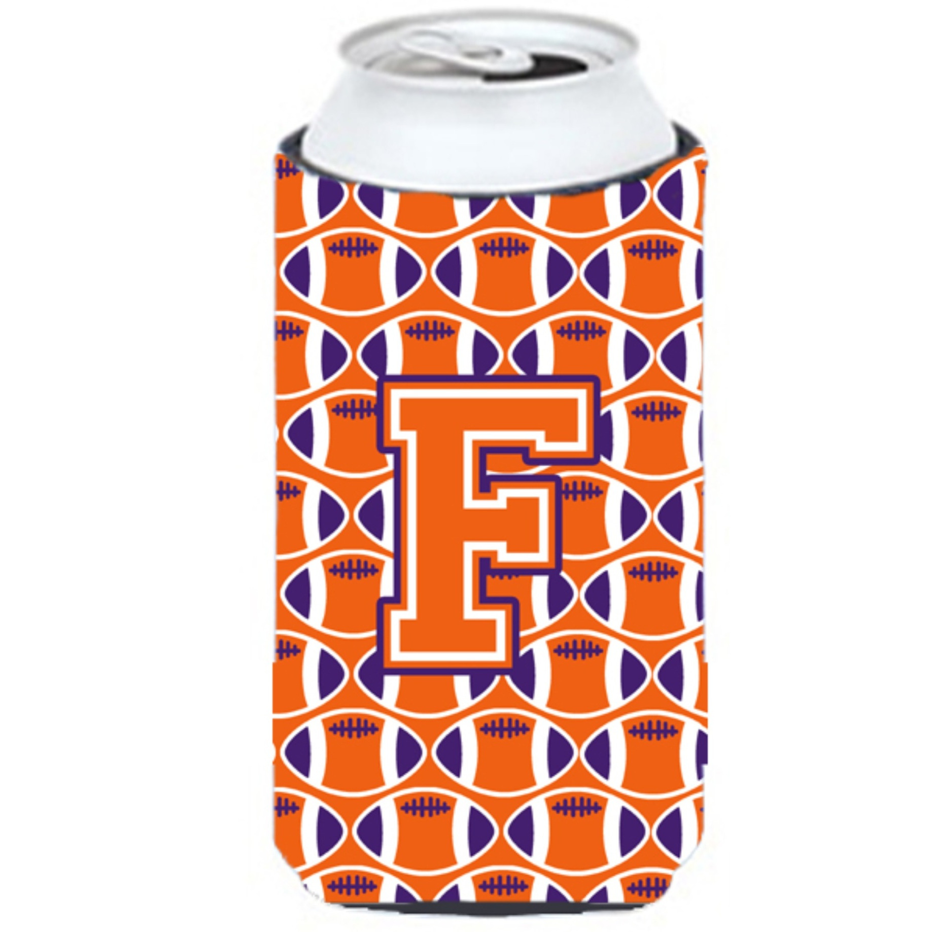 &quotLetter F Football Orange, White and Regalia Tall Boy Beverage Insulator Hugger CJ1072-FTBC"