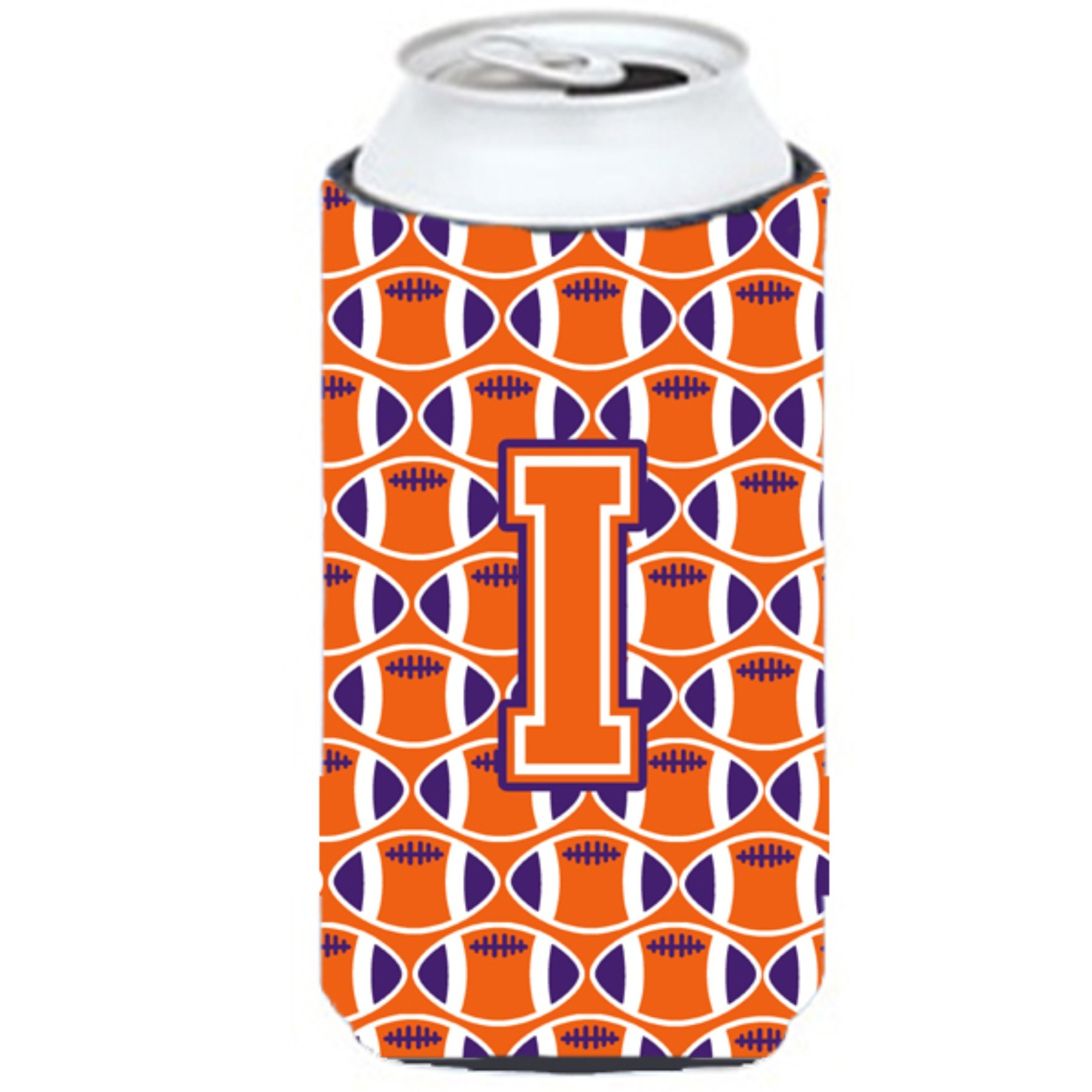 &quotLetter I Football Orange, White and Regalia Tall Boy Beverage Insulator Hugger CJ1072-ITBC"