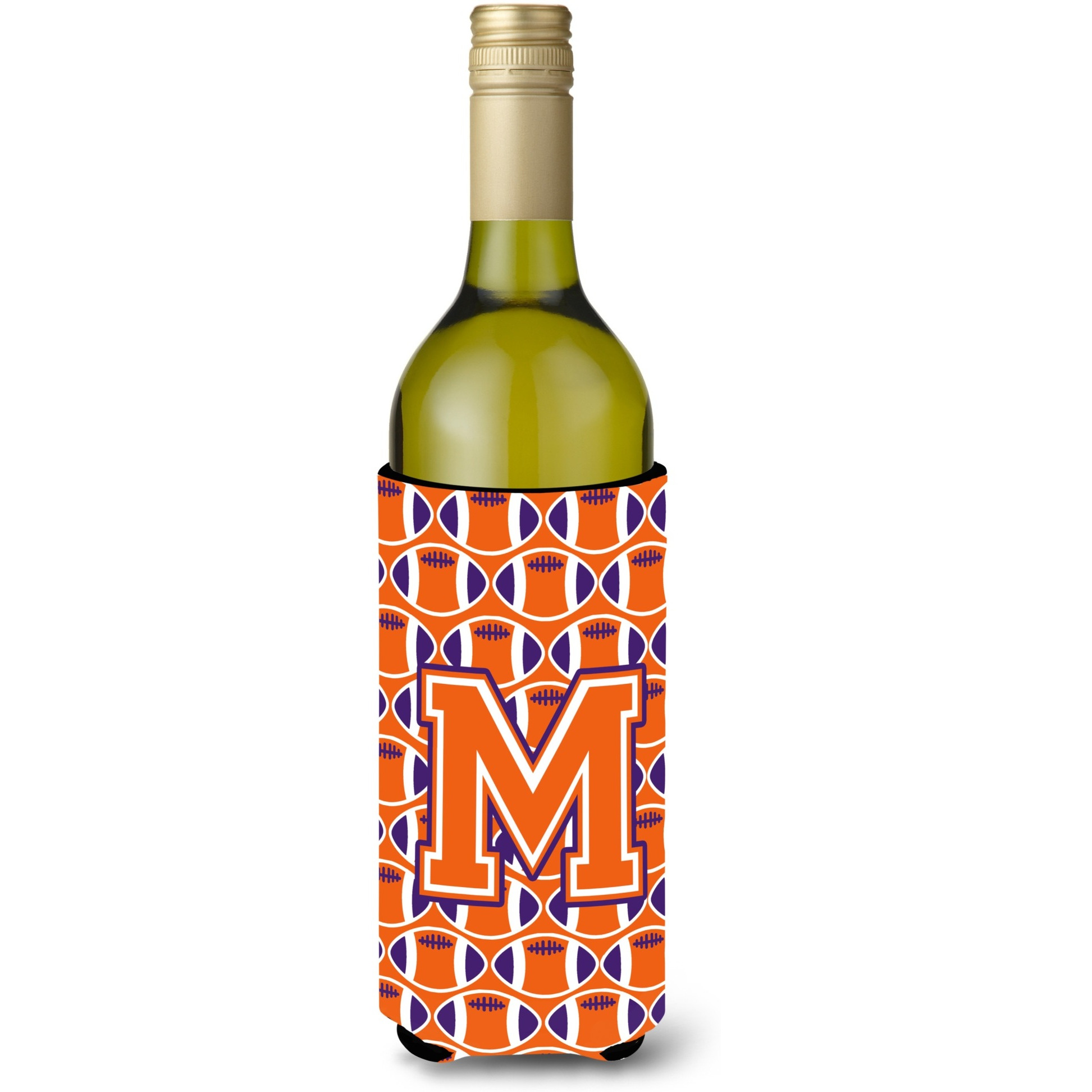 &quotLetter M Football Orange, White and Regalia Wine Bottle Beverage Insulator Hugger CJ1072-MLITERK"