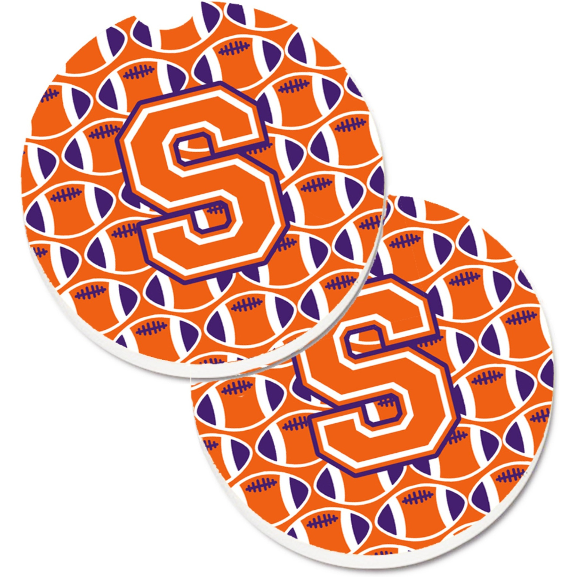 &quotCaroline's Treasures Letter S Football Orange, White & Regalia Set of 2 Cup Holder Car Coasters CJ1072-SCARC, 2.56, Multicolor"