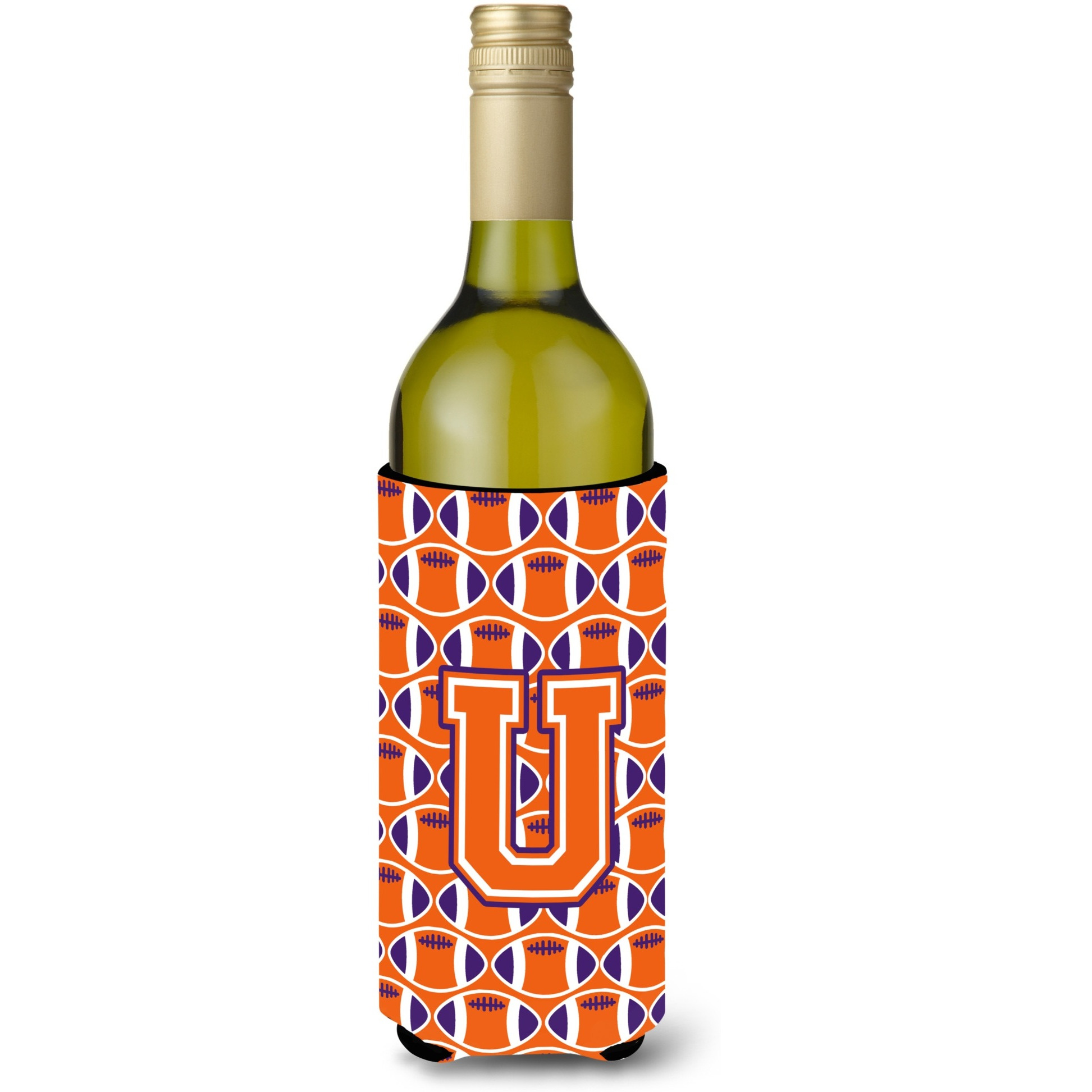 &quotLetter U Football Orange, White and Regalia Wine Bottle Beverage Insulator Hugger CJ1072-ULITERK"