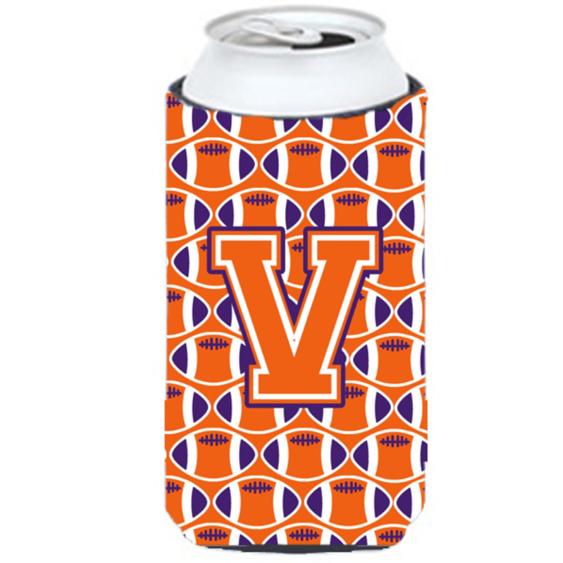 &quotLetter V Football Orange, White and Regalia Tall Boy Beverage Insulator Hugger CJ1072-VTBC"