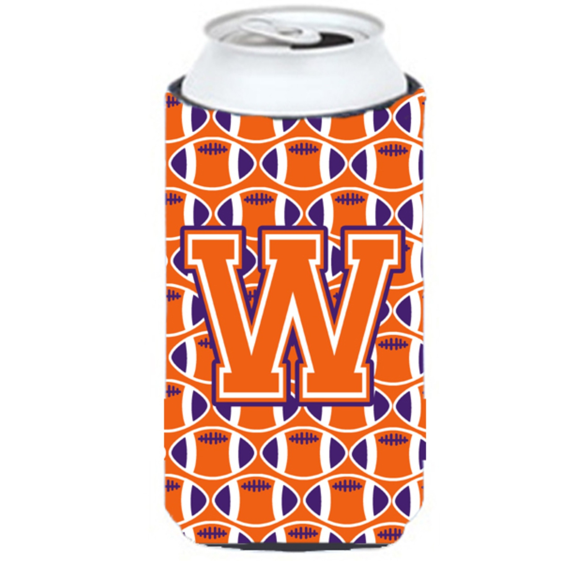 &quotLetter W Football Orange, White and Regalia Tall Boy Beverage Insulator Hugger CJ1072-WTBC"