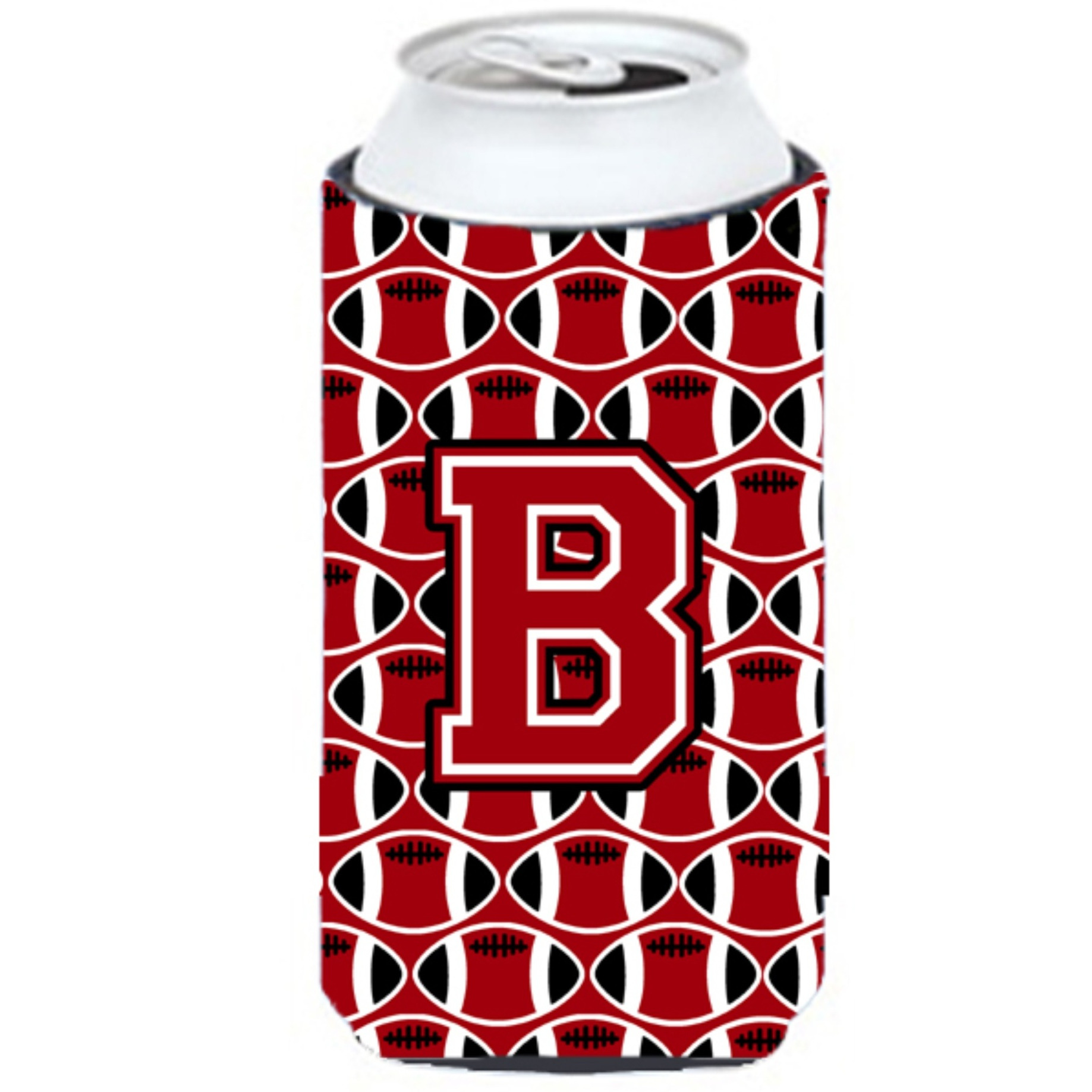 &quotLetter B Football Red, Black and White Tall Boy Beverage Insulator Hugger CJ1073-BTBC"