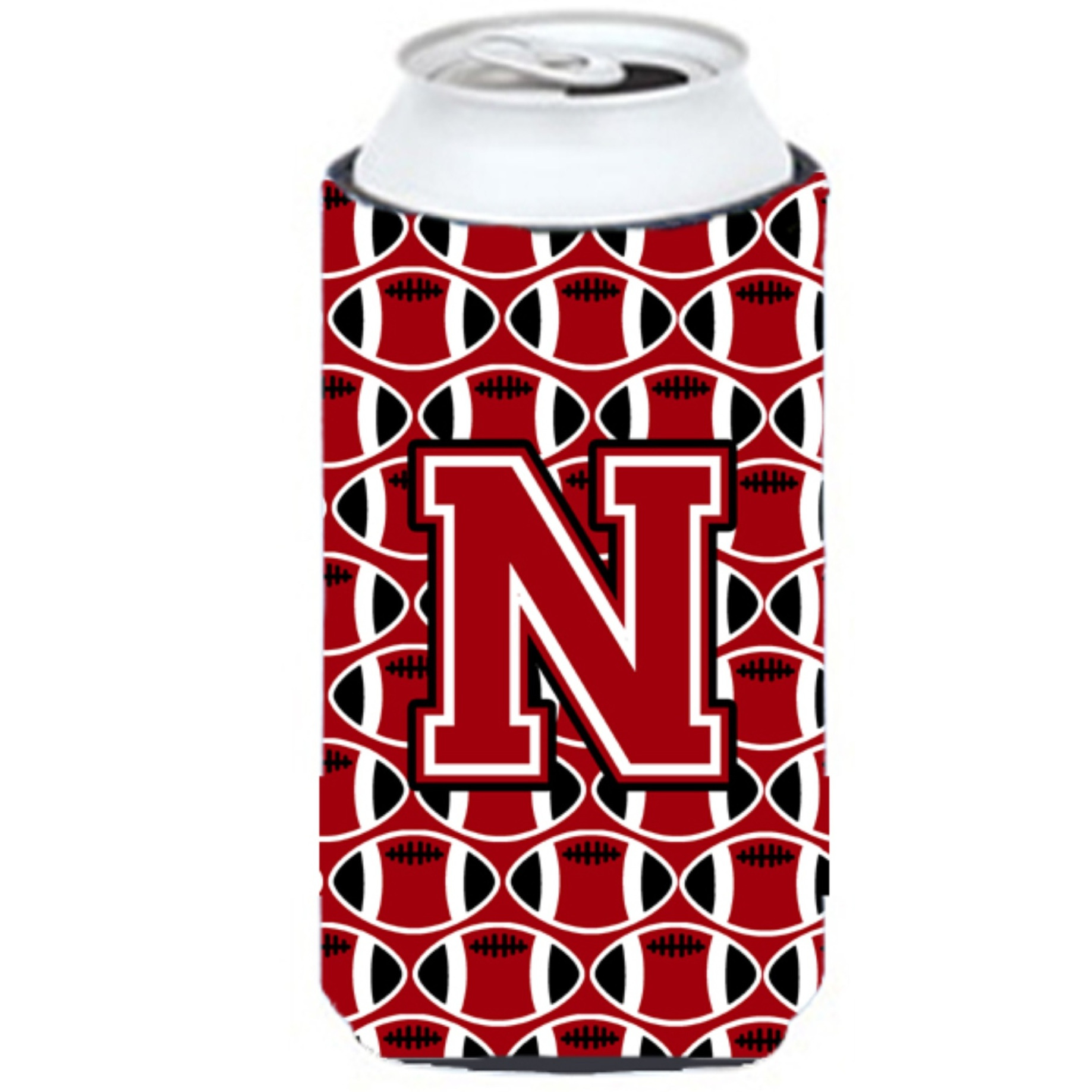 &quotLetter N Football Red, Black and White Tall Boy Beverage Insulator Hugger CJ1073-NTBC"