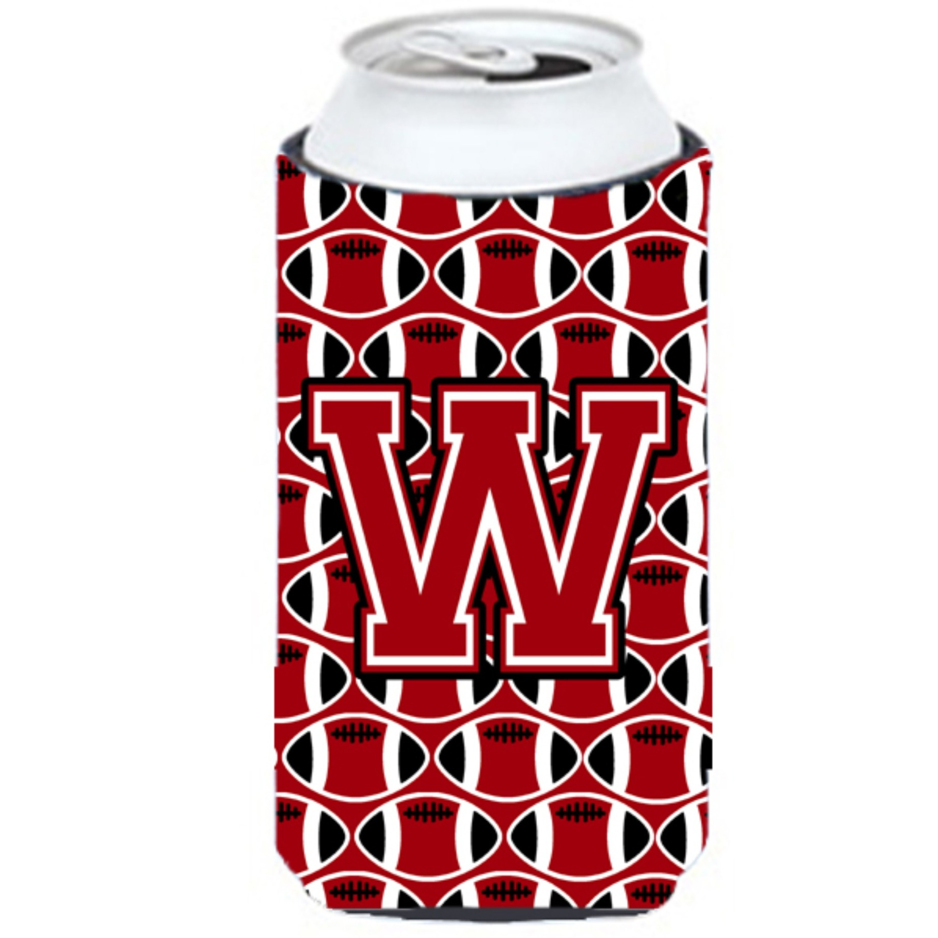 &quotLetter W Football Red, Black and White Tall Boy Beverage Insulator Hugger CJ1073-WTBC"