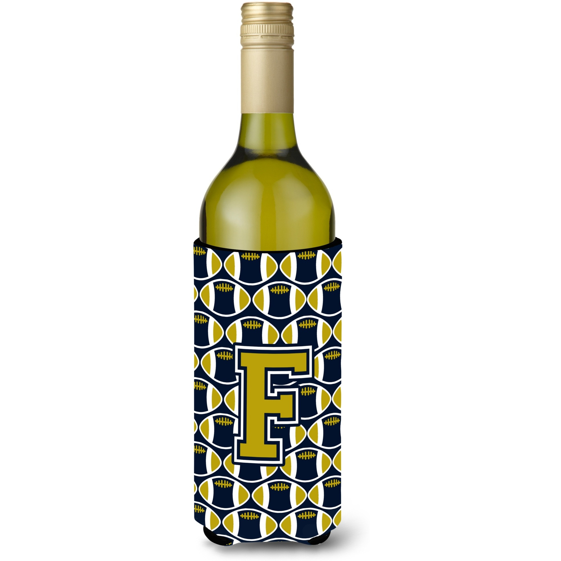 Letter F Football Blue and Gold Wine Bottle Beverage Insulator Hugger CJ1074-FLITERK